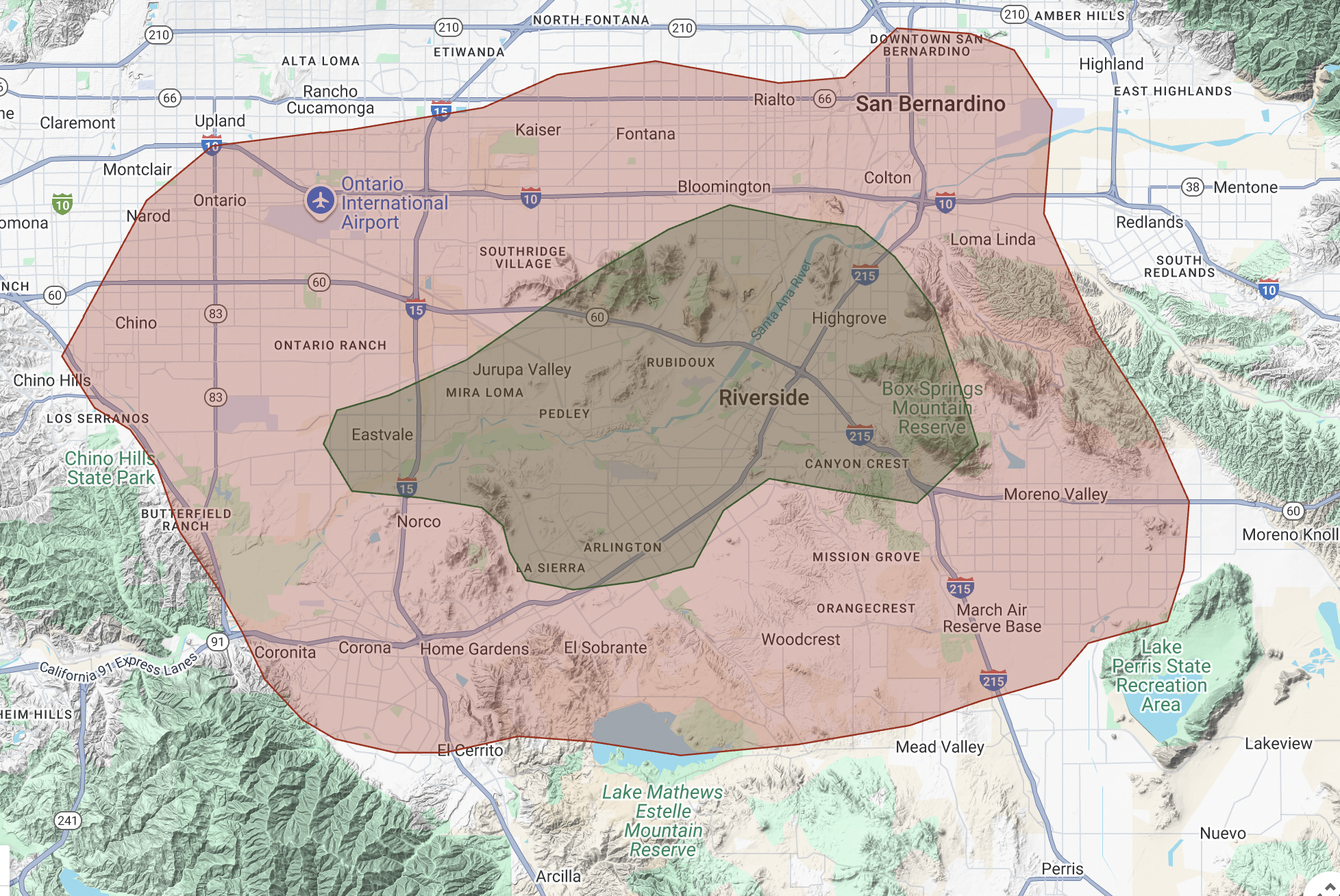 Map showing the Greater Los Angeles area, including cities like Riverside and San Bernardino, highlighted with boundary lines and natural parks such as Chino Hills State Park, Lake Perris State Recreation Area, and Lake Mathews Estelle Mountain Reserve.
