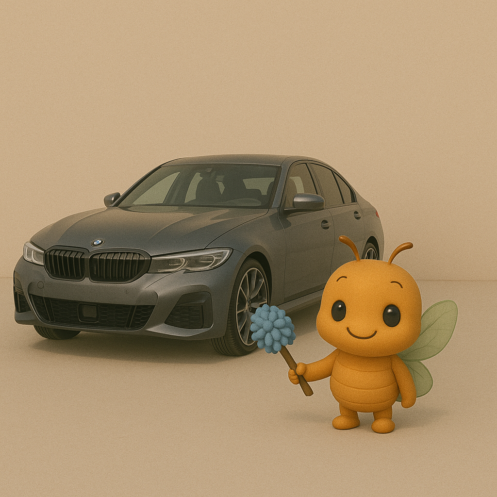 A gray BMW sedan parked on a plain background next to a cute cartoon bee character holding a blue pom-pom flower.