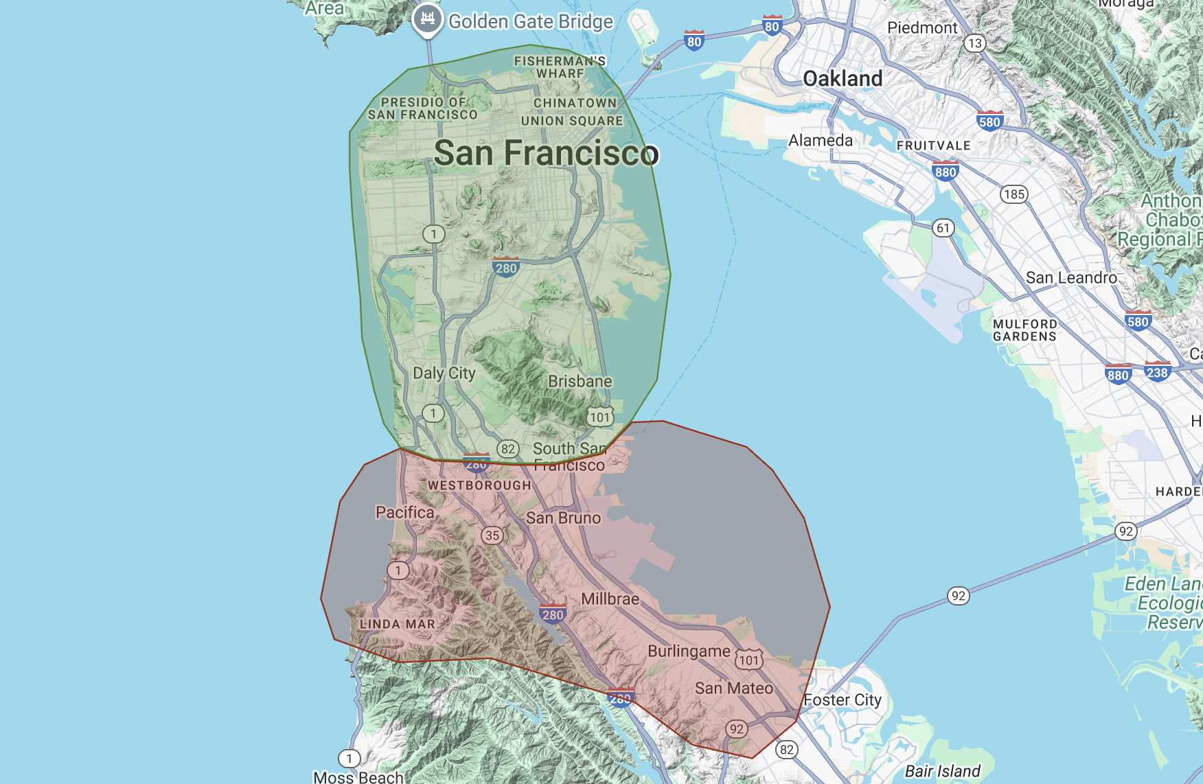 Map showing different colored zones covering parts of San Francisco and surrounding areas, with major highways and cities labeled.