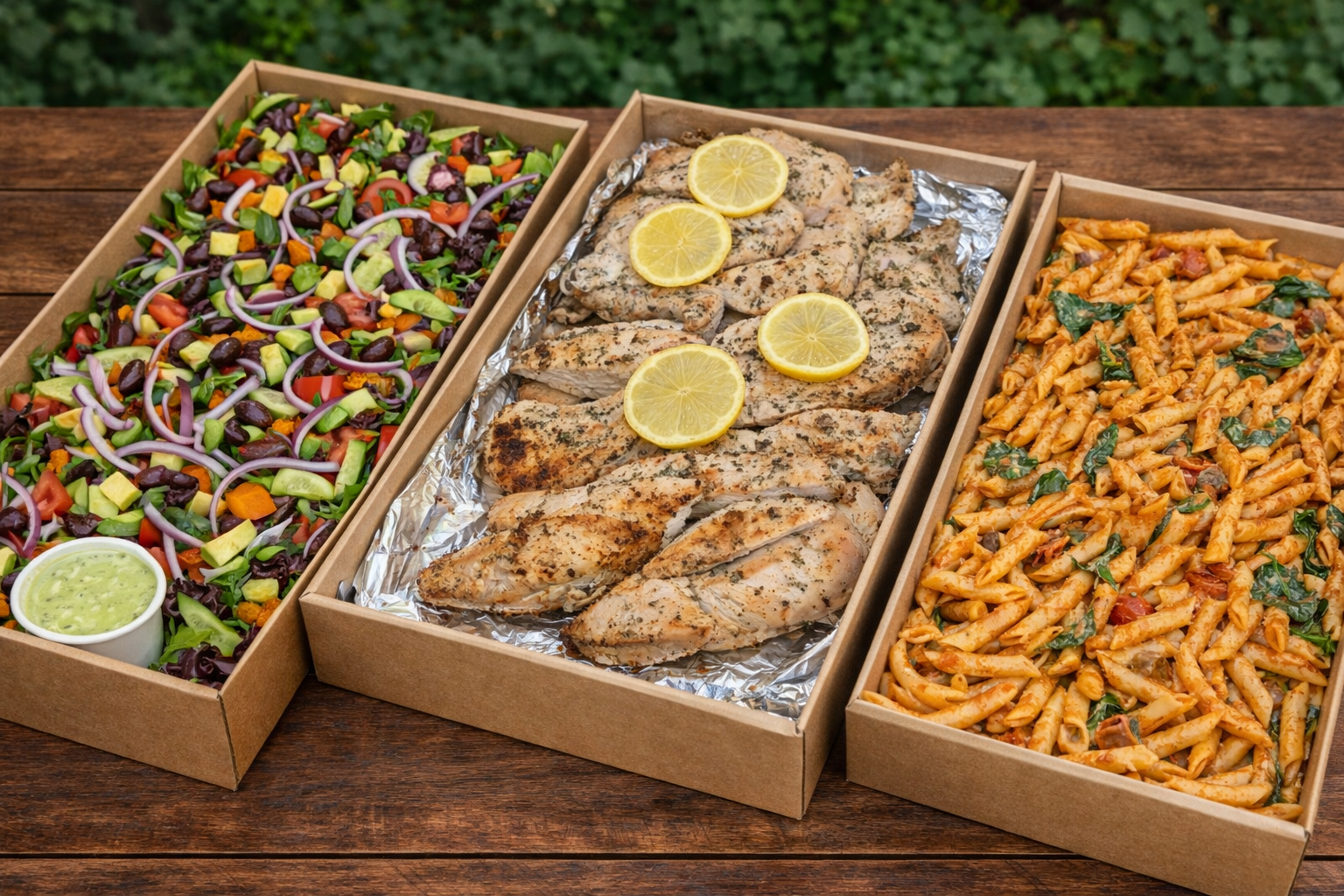 Event Catering Boxes by 10 Pounds in Pyrmont featuring salad, lemon chicken and pasta dishes.
