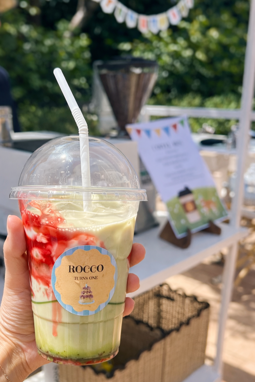 Strawberry iced matcha latte served by 10 Pounds at a first birthday catering event by 10 Pounds Pyrmont.