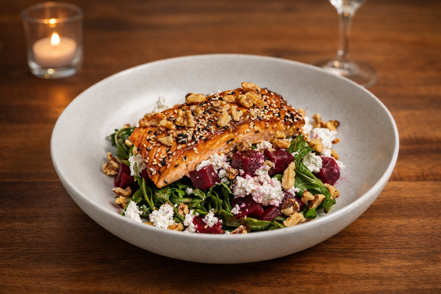 Salmon and beetroot salad with nuts, greens and cheese served at 10 Pounds in Pyrmont.