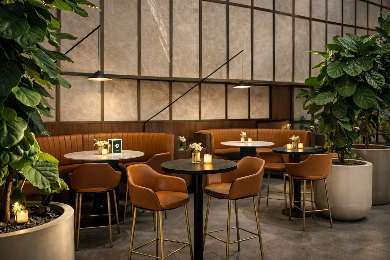 Interior of 10 Pounds in Pyrmont featuring round tables, leather chairs, indoor plants and warm ambient lighting.