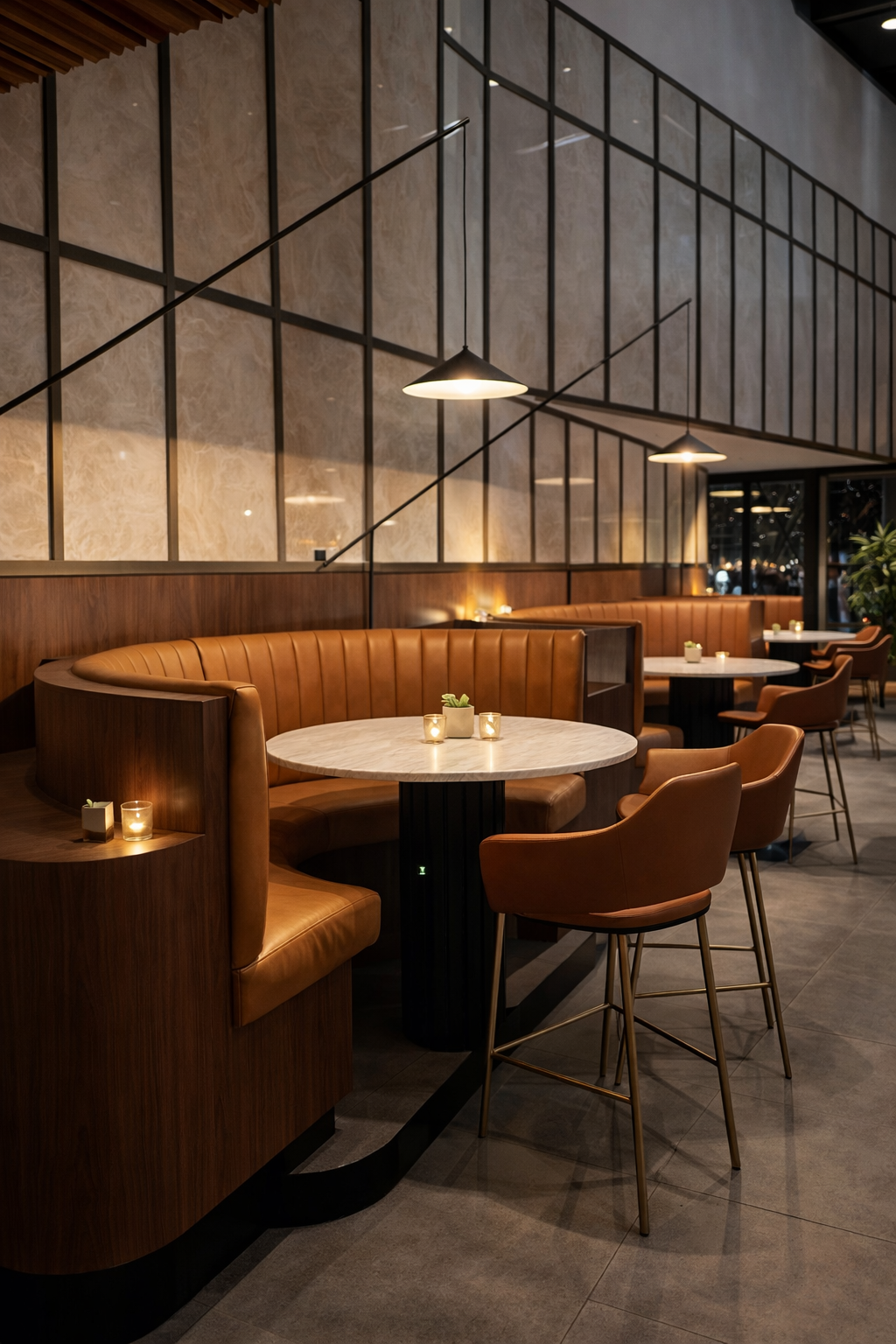Loft booth event space at 10 Pounds in Pyrmont featuring curved leather seating and marble tables.