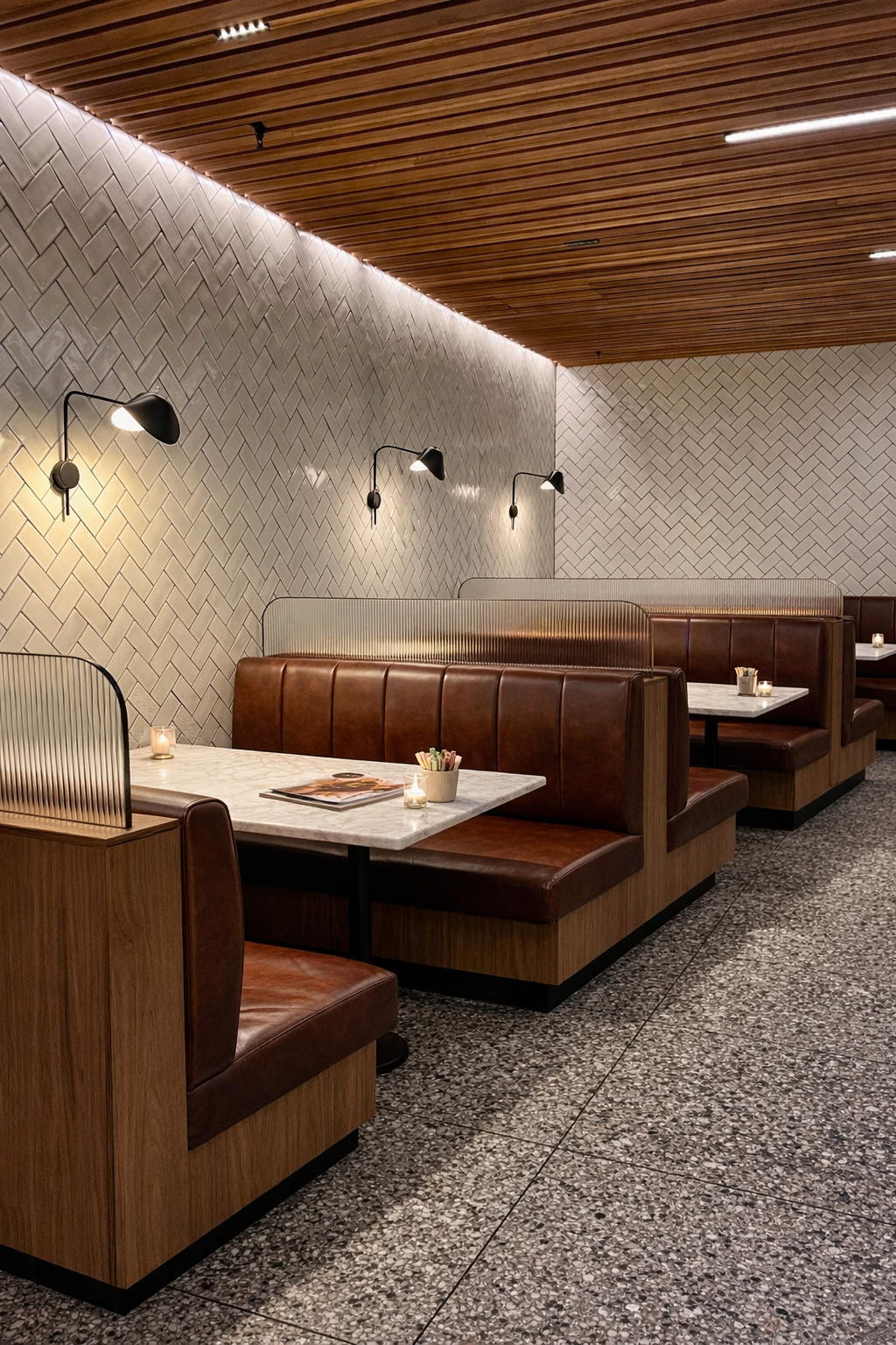 Lounge booth seating area at 10 Pounds in Pyrmont with marble tables and leather booths.