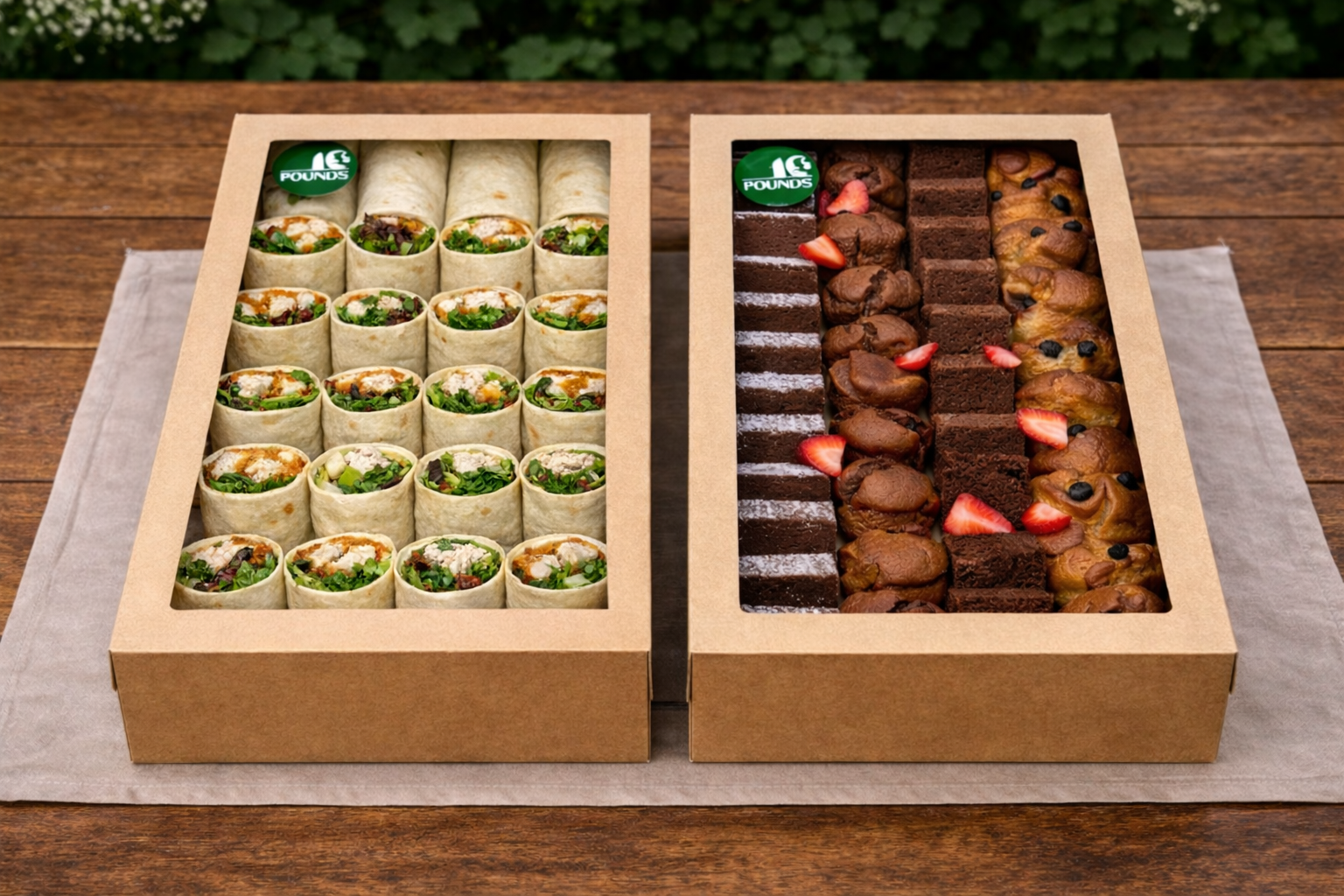 Boxed assortment of wraps and brownies on a wooden table by 10 Pounds Pyrmont catering.