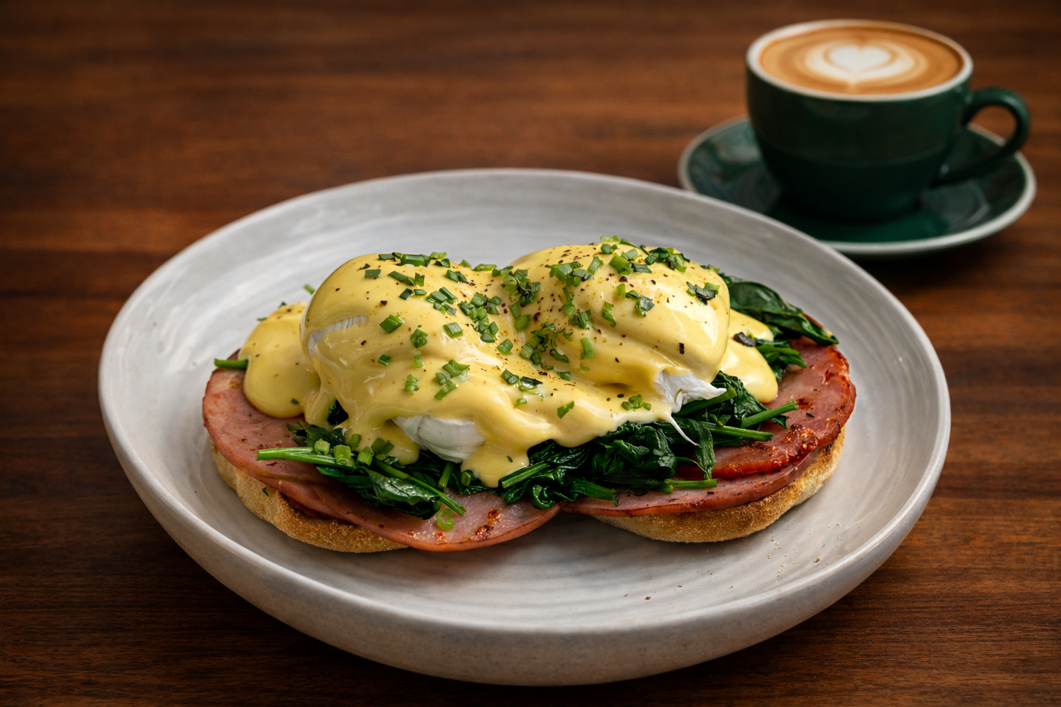 Eggs Benedict with poached eggs, hollandaise, ham and spinach served with coffee at 10 Pounds in Pyrmont.