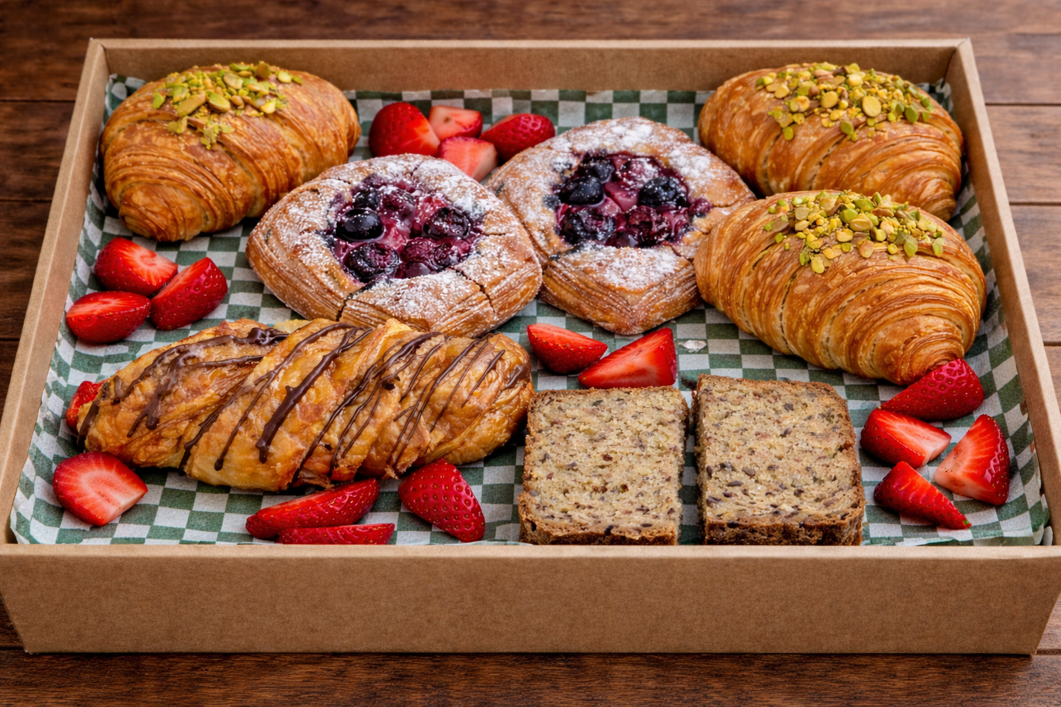 Assorted pastry catering box from 10 Pounds with croissants, fruit danishes and baked treats.