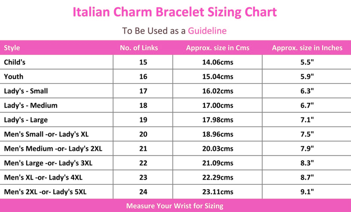 Chart titled 'Italian Charm Bracelet Sizing Chart' showing different bracelet styles with corresponding number of links, approximate size in centimeters, and inches, for children's, youth, small, medium, large, and various men's and women's sizes.
