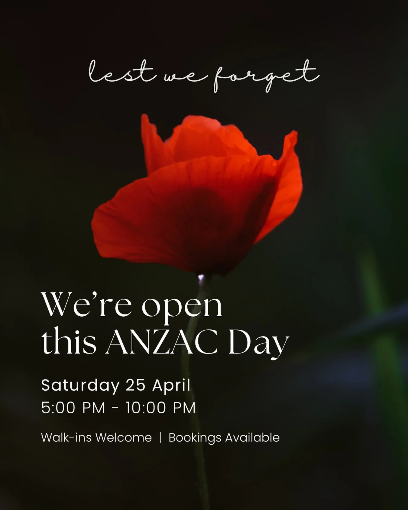This ANZAC Day, we&rsquo;ll be open from 5:00 PM to 10:00 PM.

Join us for dinner with family and friends over premium Korean BBQ, warm sides, and a relaxed evening.

Walk-ins welcome and bookings available.

Lest We Forget.

#gamsakoreanbbq #hawthor