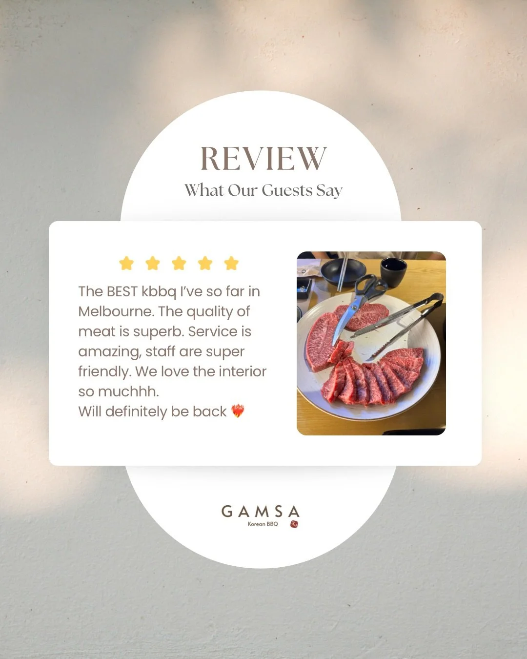 Thank you for all the love and kind words 🤎

Nothing makes us happier than hearing our guests enjoyed the food, service, and time spent at Gamsa.

We truly appreciate every visit and review. See you again soon at Gamsa Korean BBQ!

#gamsakoreanbbq #