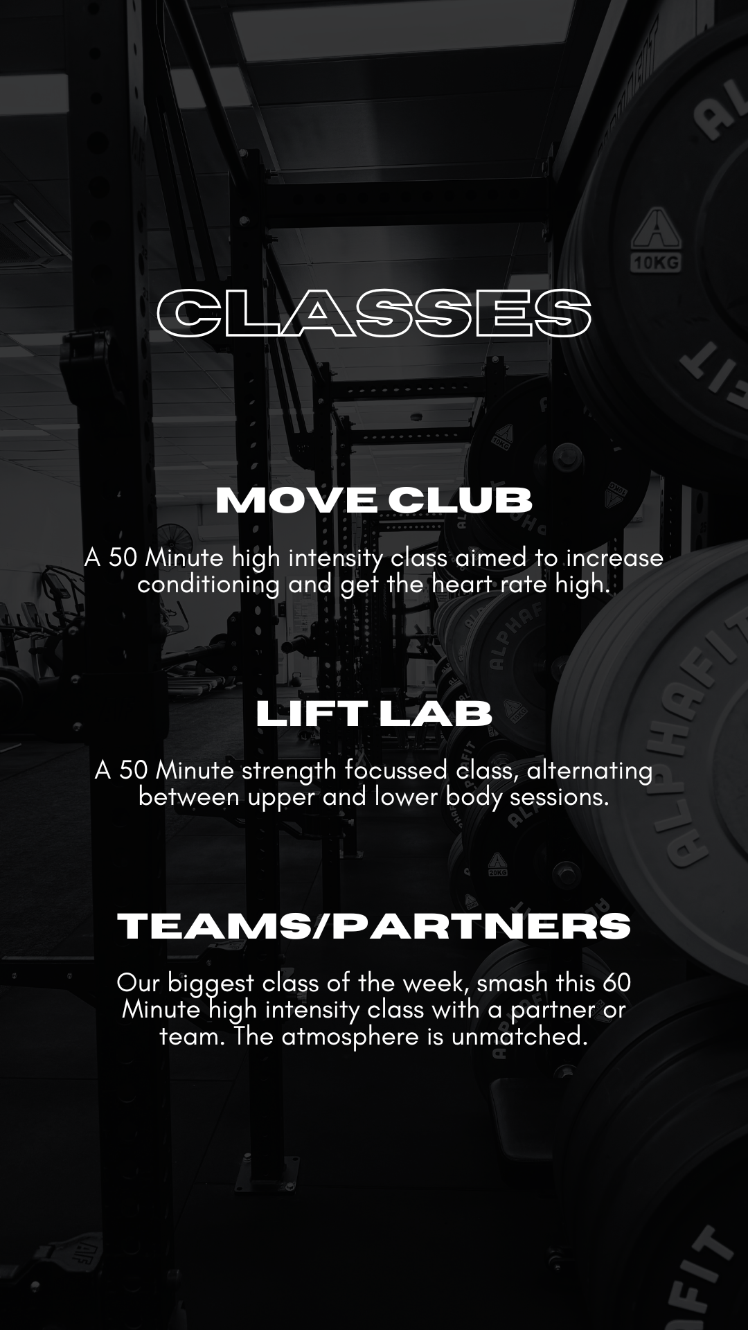 A black and white photo of a gym interior with weight racks and large exercise balls, overlaid with text promoting fitness classes.