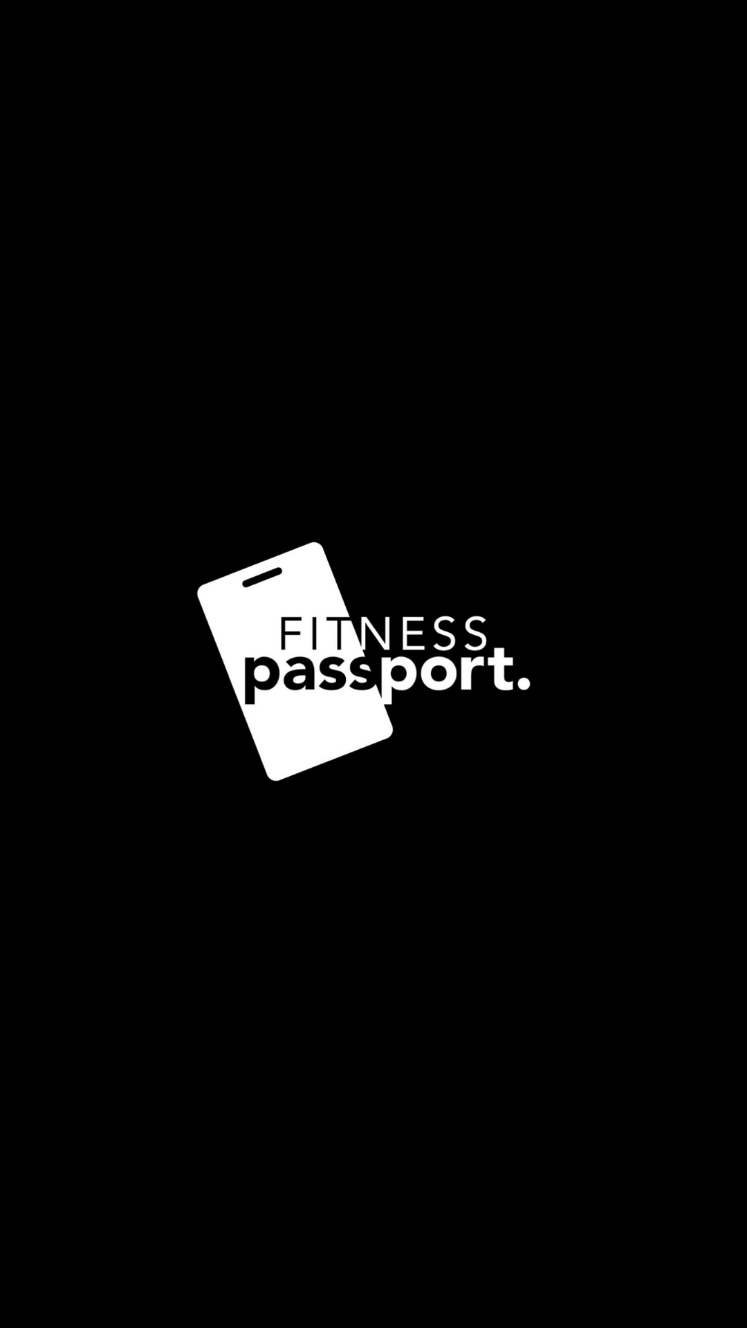 Black background with white text and a mobile phone icon, displaying the words "Fitness passport."