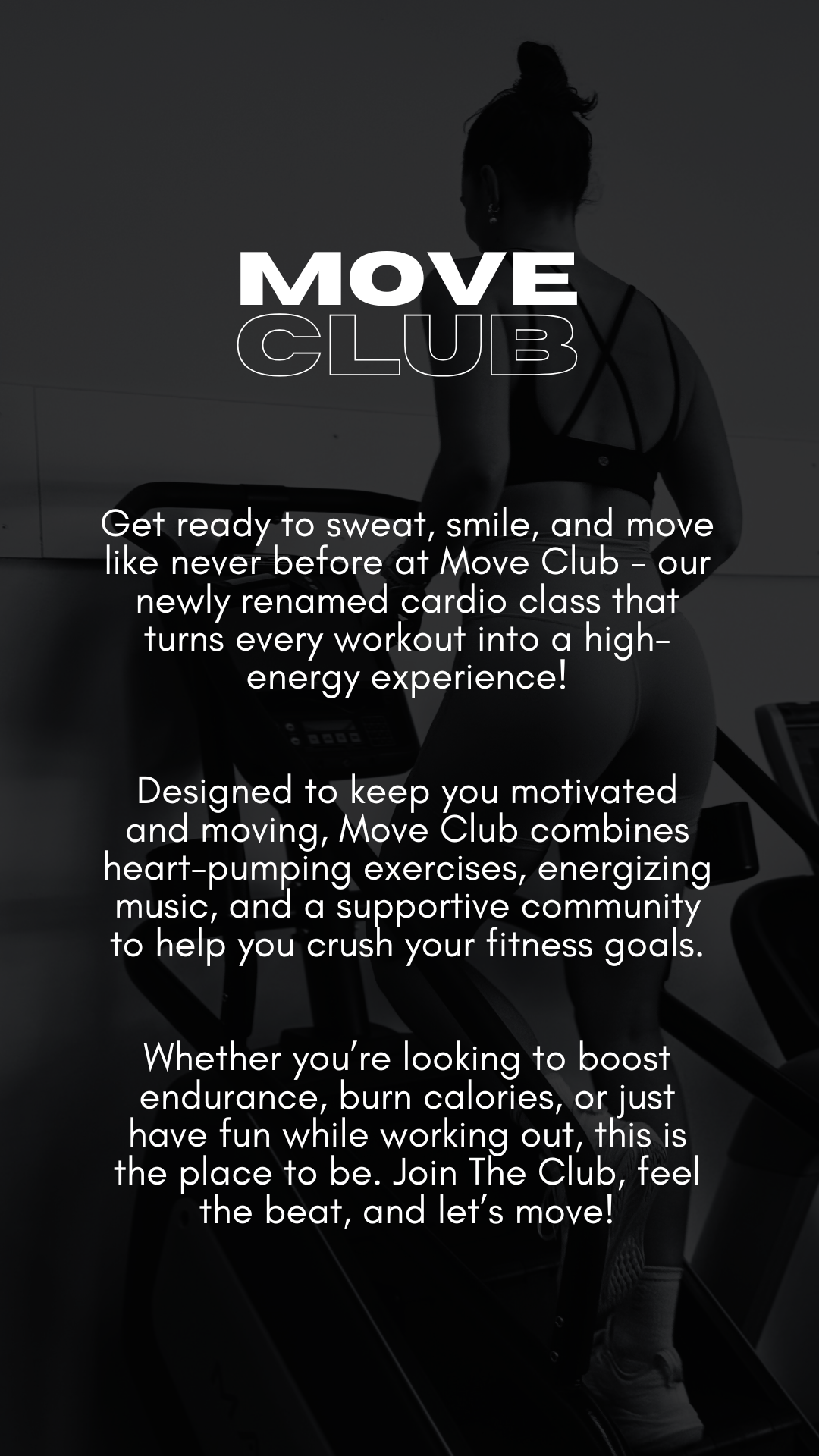 A promotional poster for Move Club, featuring a woman on a treadmill in a gym, with text describing the cardio workout class.