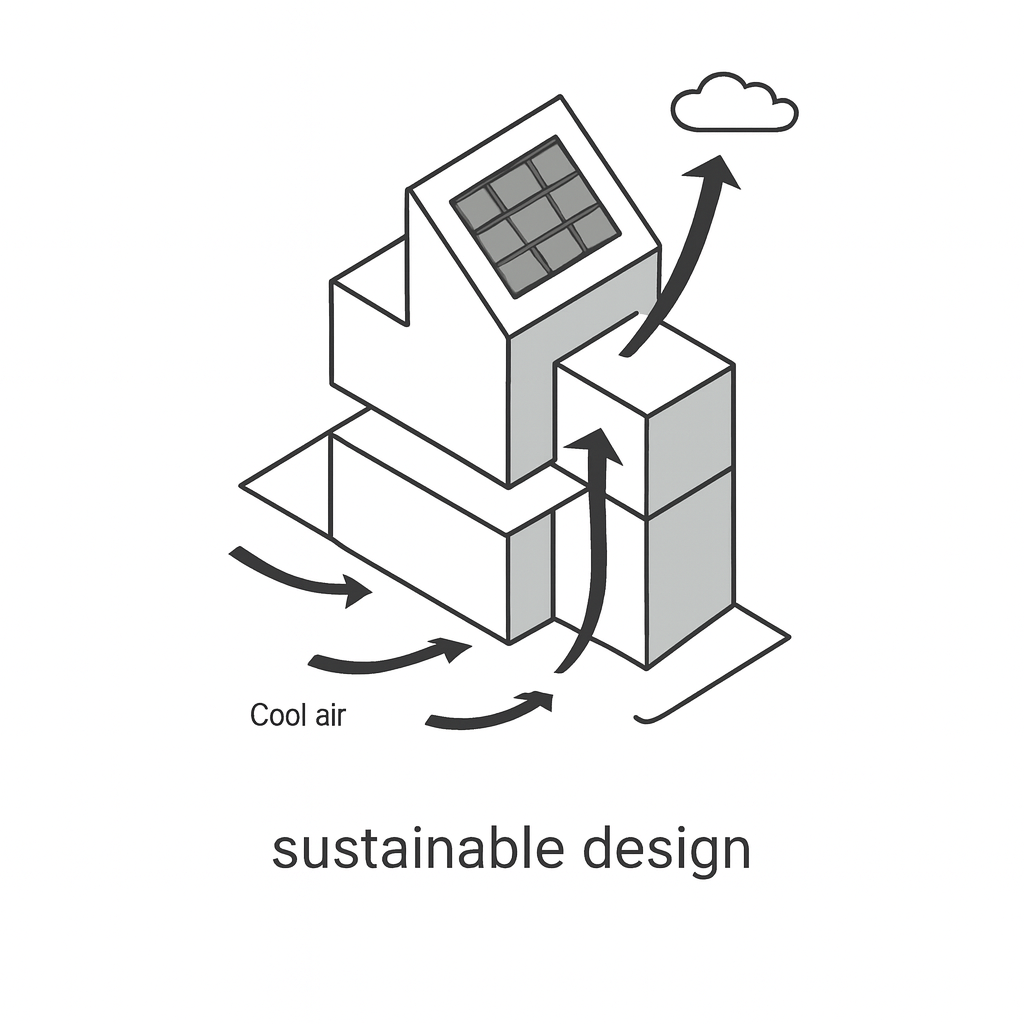 Diagram of a sustainable building design showing airflow and solar panel, labeled 'Cool air' and 'sustainable design' at the bottom.