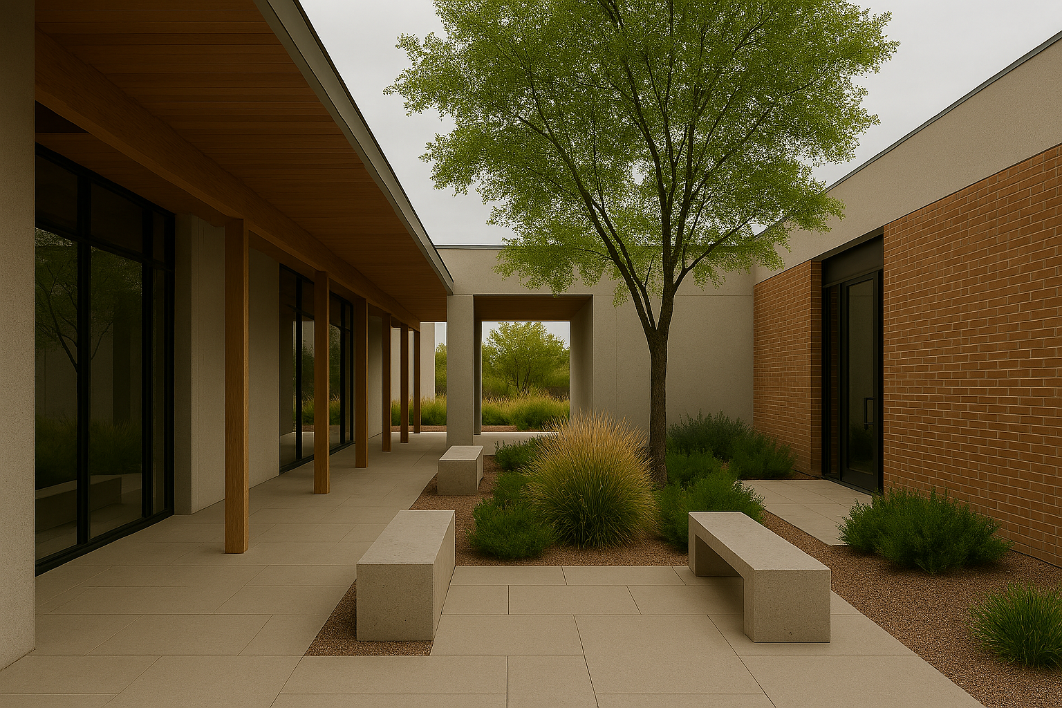 Modern outdoor courtyard with a tree, landscaped bushes, concrete benches, and a building with glass windows and brick wall.