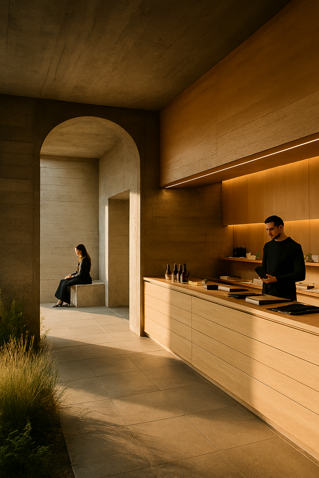 A modern minimalist lobby or reception area with warm lighting, a woman sitting on a built-in bench near an arched opening, and a man at the counter using a tablet, with bottles and documents on the counter.