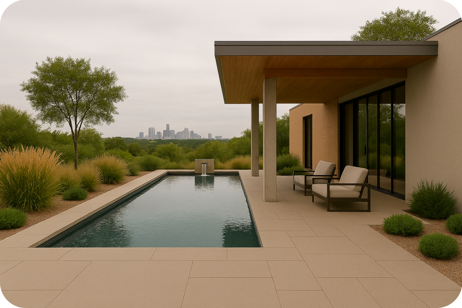 Modern house with a rectangular pool, outdoor seating, surrounded by landscaped greenery, city skyline in the distance.