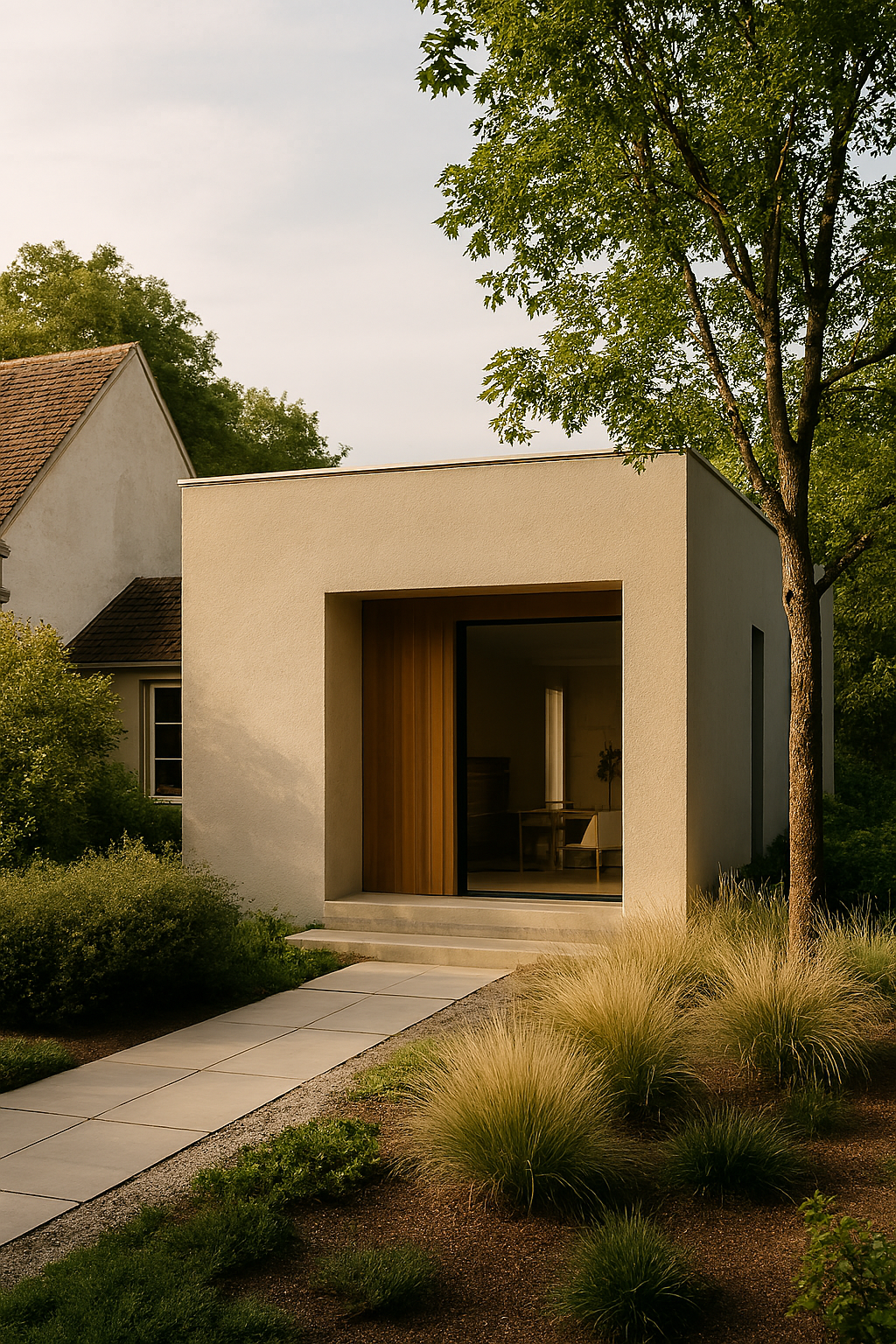 Modern minimalist house with beige exterior, large glass window, and wooden accent, surrounded by greenery and a concrete pathway.