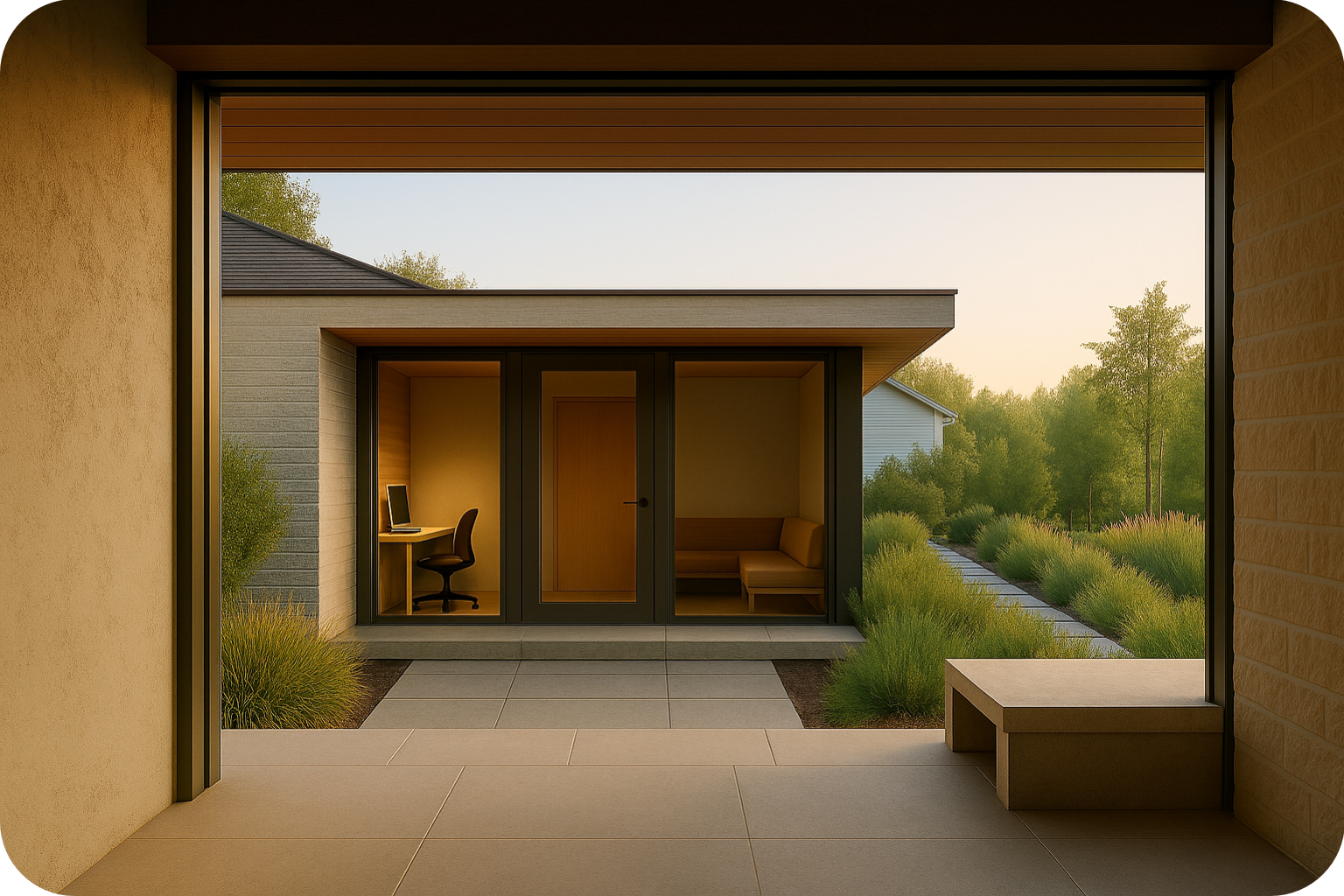 Modern outdoor patio with a view into an indoor office space and a scenic landscape.