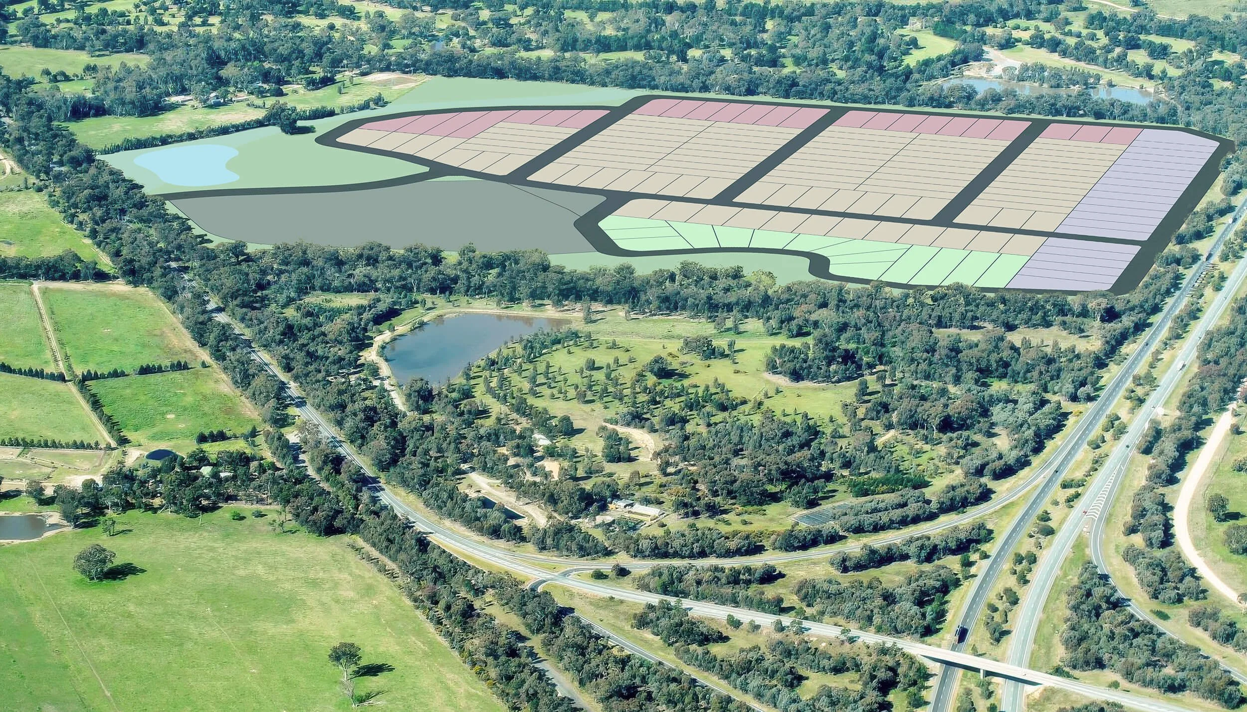 Aerial view of a Serenity Euroa looking from the west, in the foreground is the Euroa Arboretum and Hume Highway