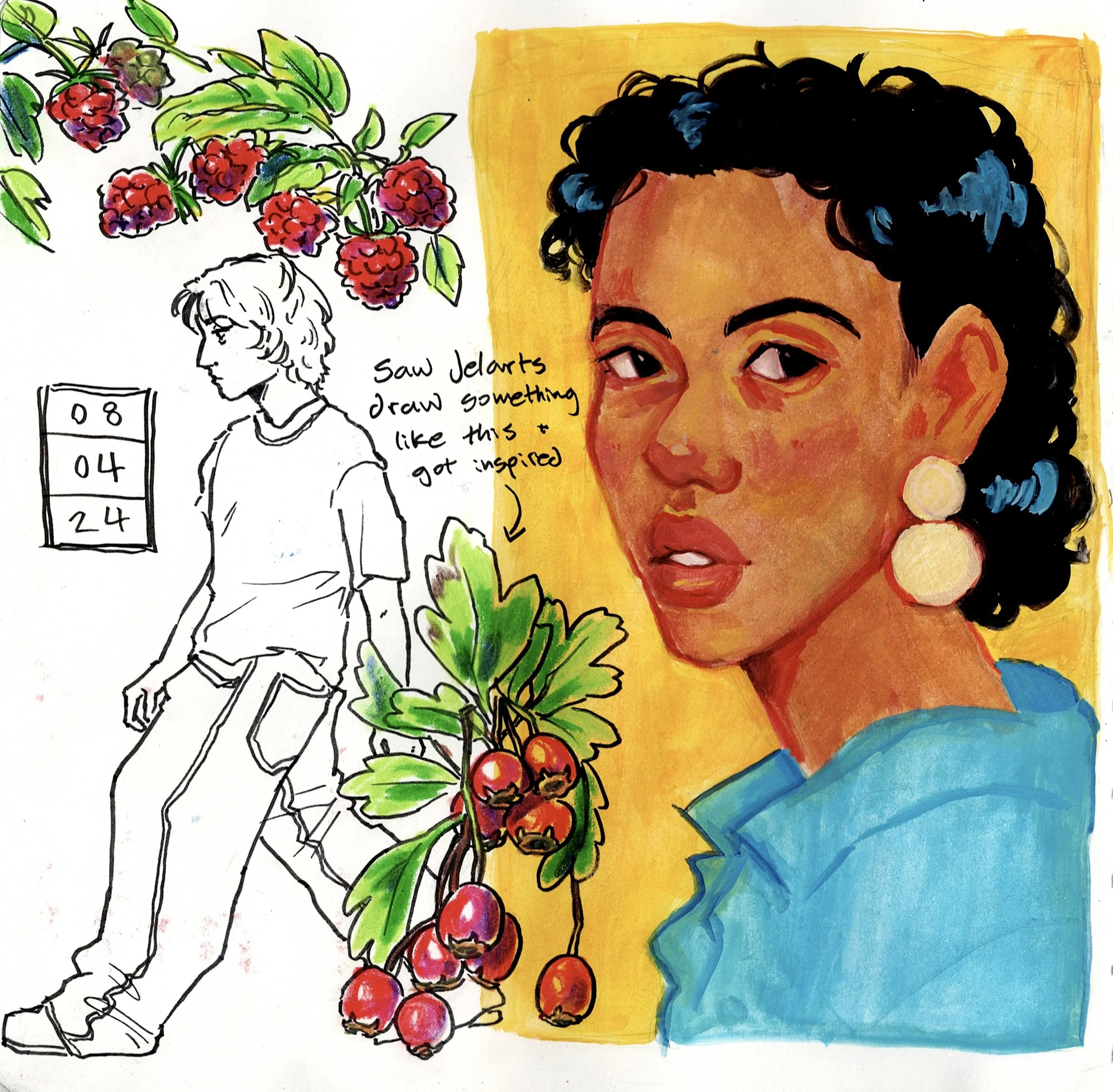 Colorful sketchbook page of a woman with short curly black hair and large earrings, wearing a blue top on a yellow background.  There's a black and white sketch of a person walking, wearing baggy pants. There's several drawings of red berries and gre