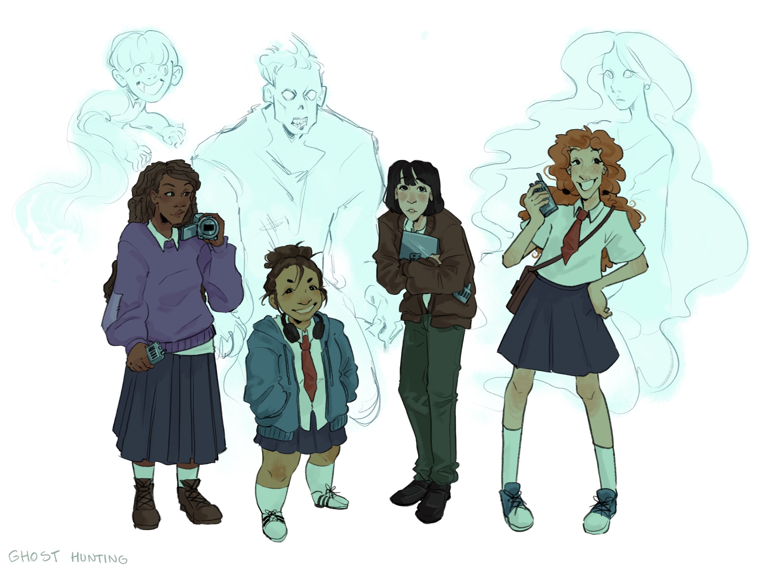 Character spread of four young girls in a mix of school uniforms and casual clothing, carrying ghost hunting equipment. Behind them are transparent ghostly figures.