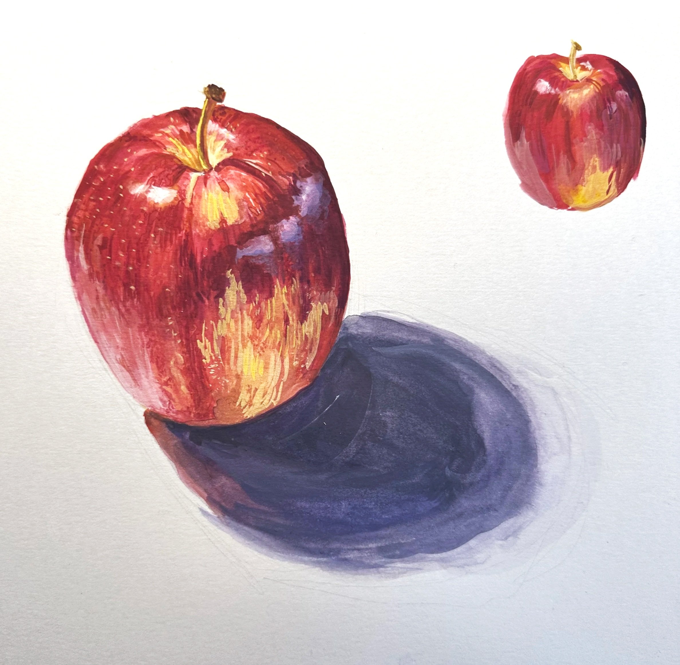 Gouache painting of an apple and it's cast shadow. There's a smaller, less detailed apple painting in the top right