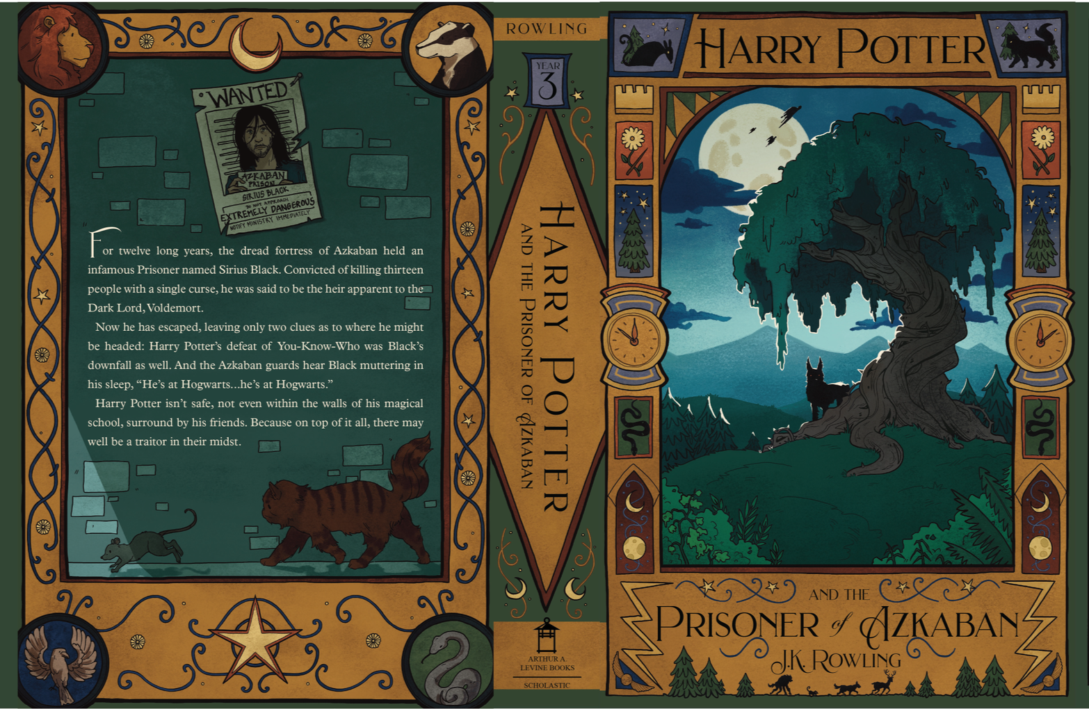 Front book cover of "Harry Potter and the Prisoner of Azkaban" featuring a large, twisted tree and a black dog alongside it, with a full moon in the background. The back cover shows a wanted poster for Sirius Black, and a rat being chased by a cat. B