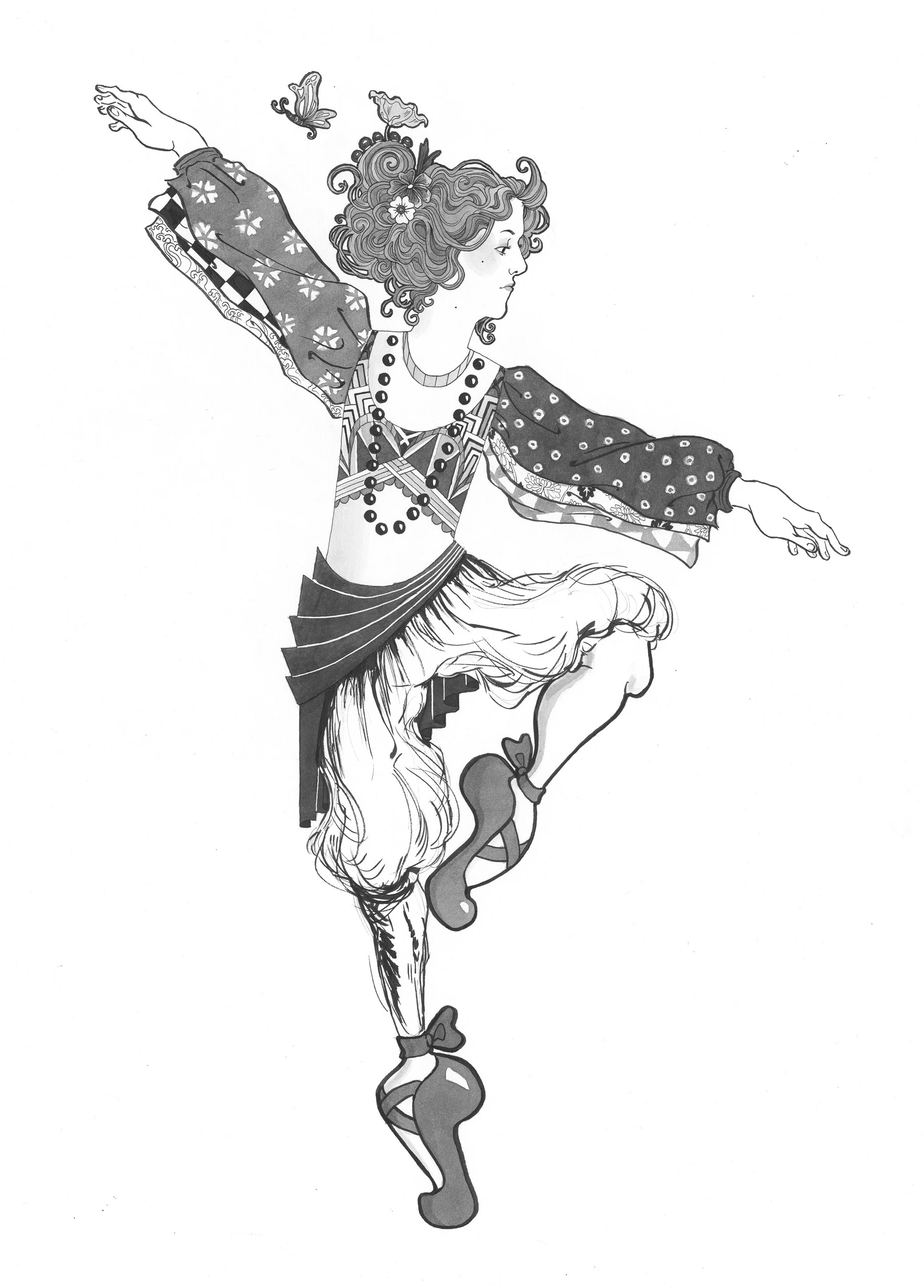 Ballet figure with one leg bent and the other straight, her arms spread out on either side. It's drawn in multiple styles, art nuevo, art deco, japanese woodblock, german expressionism, and classic cartoon.. She wears flowy pants and sleeves, her hai