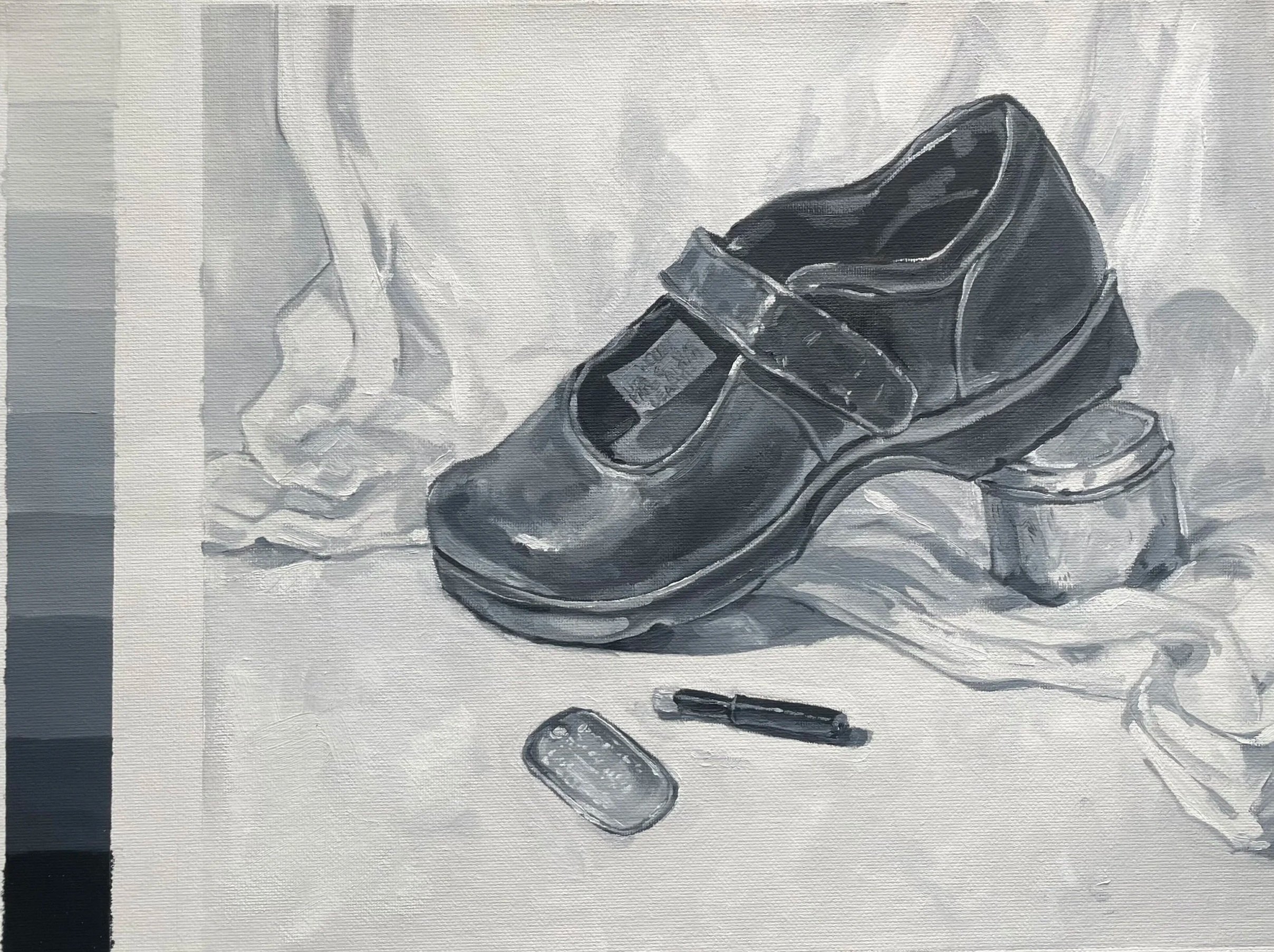 A greyscale oil still life of a mary jane shoe, a small tin container, a small eyeliner pencil, and a dogtag. There's a white fabric background