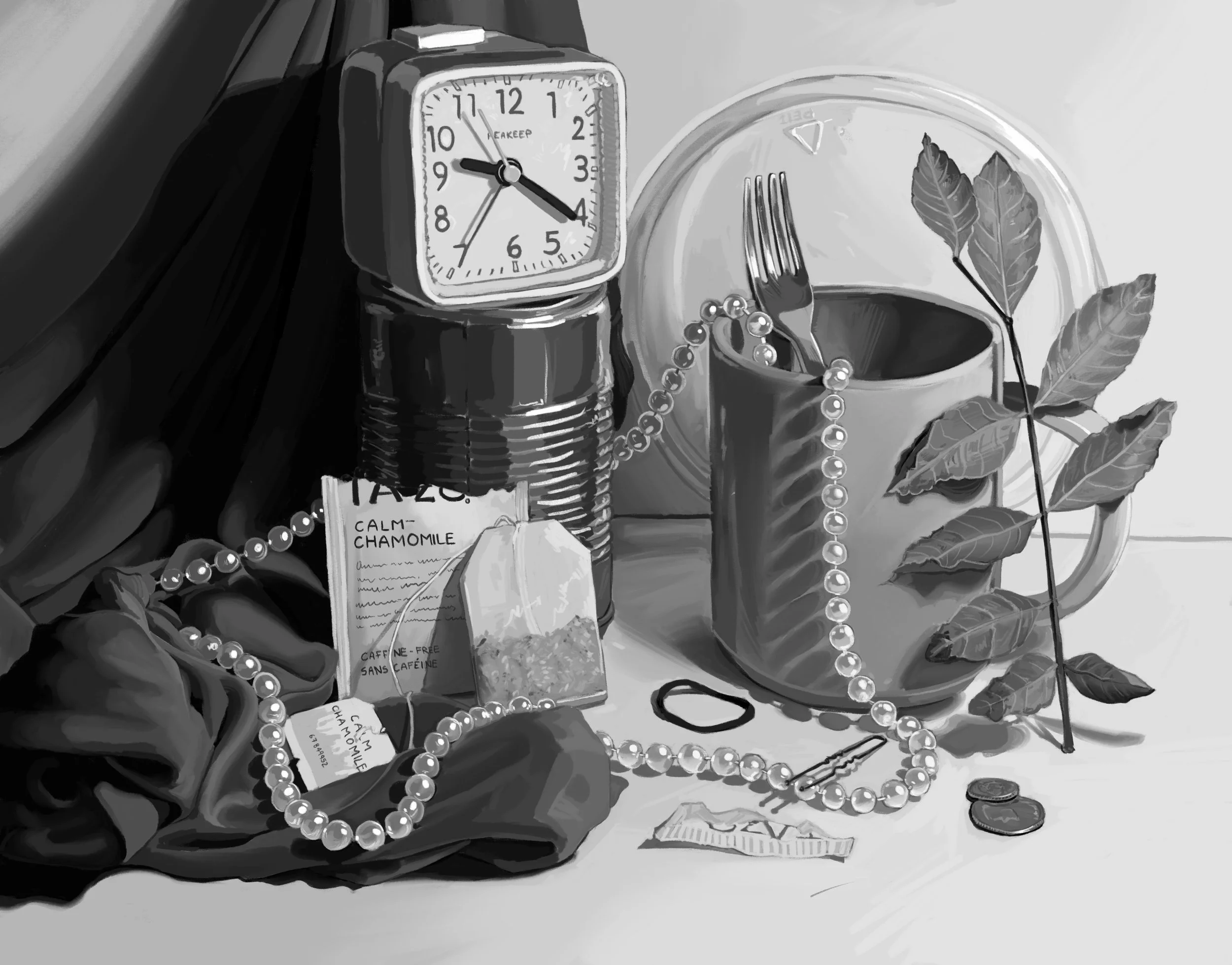 A digital still life with a clock, a mug with a fork in it. There's draped fabric on the left, and a pearl necklace draped across several objects. It's a value study for the black and white ink piece.