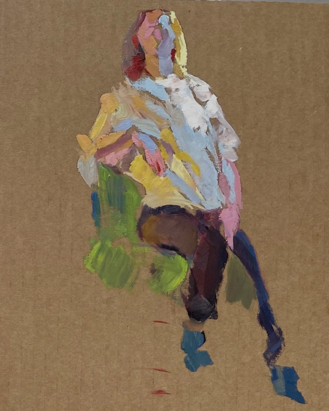 A gesture oil painting done on cardboard of a woman sitting on a green chair. She rests one arm on top of the chair, the other between her legs.