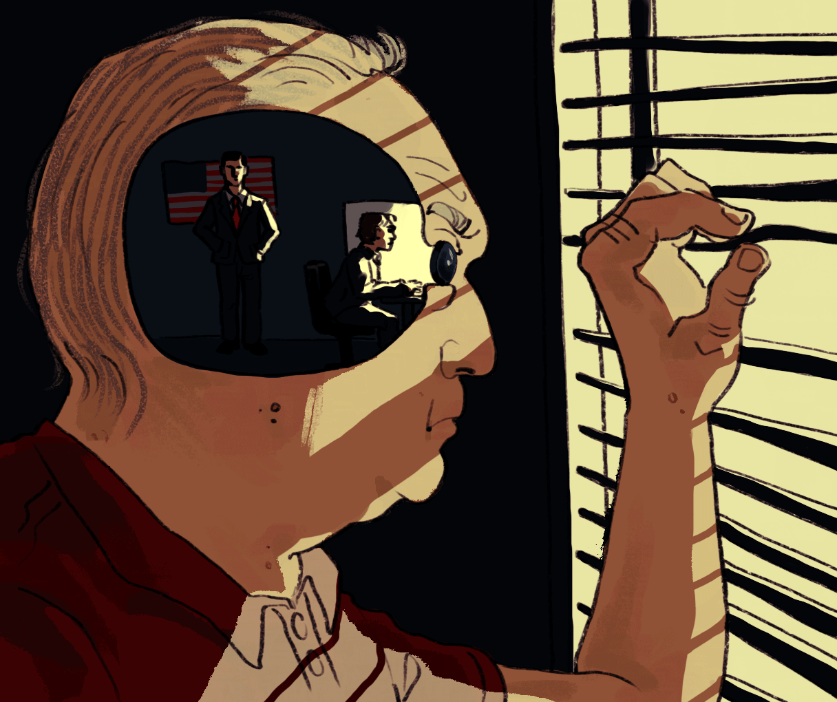 Animated illustration of an old man peaking out his blinds. The blinds shine a bright light on his face. We can see inside his head, where two government agents are watching out of his eyes. The mans eye is an animated camera that opens and closes, c