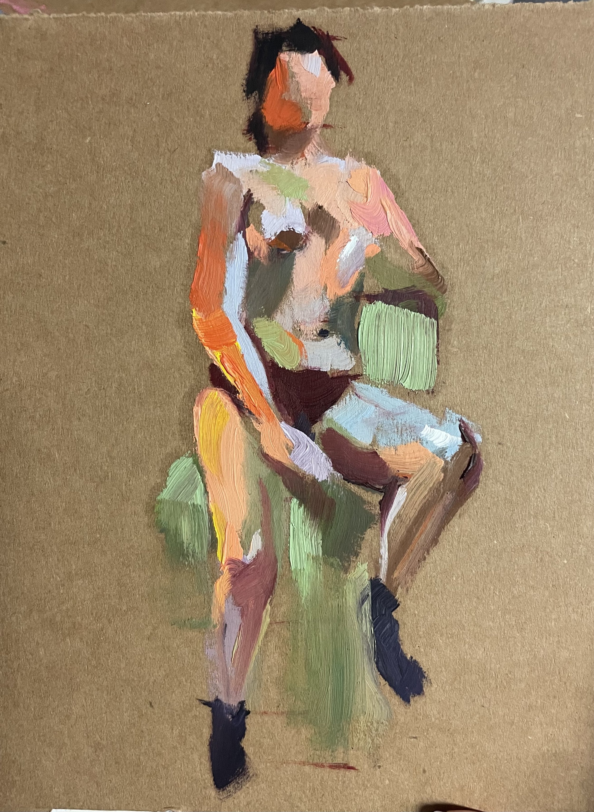 A gesture oil painting done on cardboard of a woman sitting on a stool. Her skin is orange on one side due to warm lighting