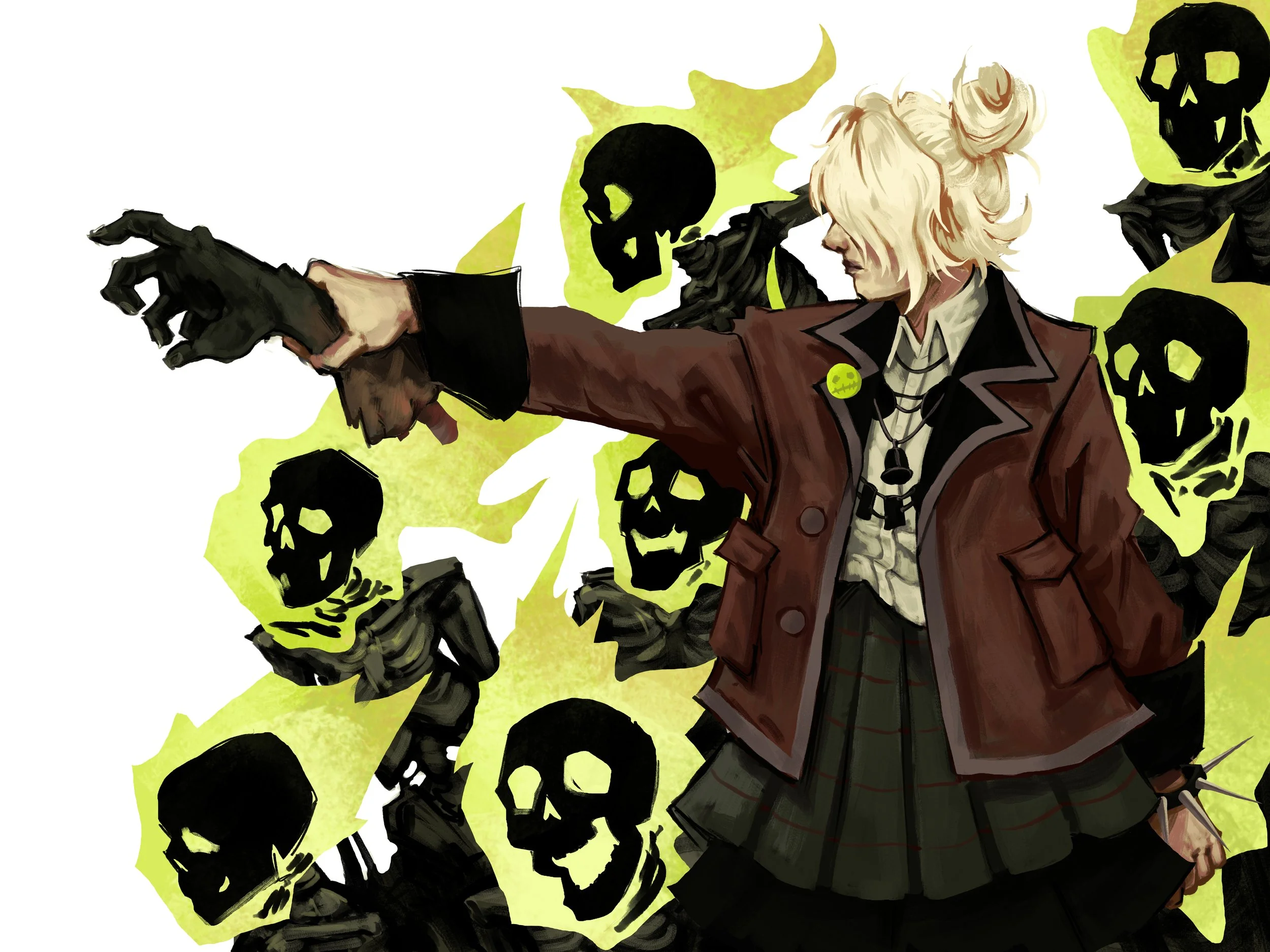 Illustration of Grave from the video game Deadlock. She wears a school outfit while holding out her arm, holding a dismembered hand. She's surrounded by on fire skeletons she's controlling