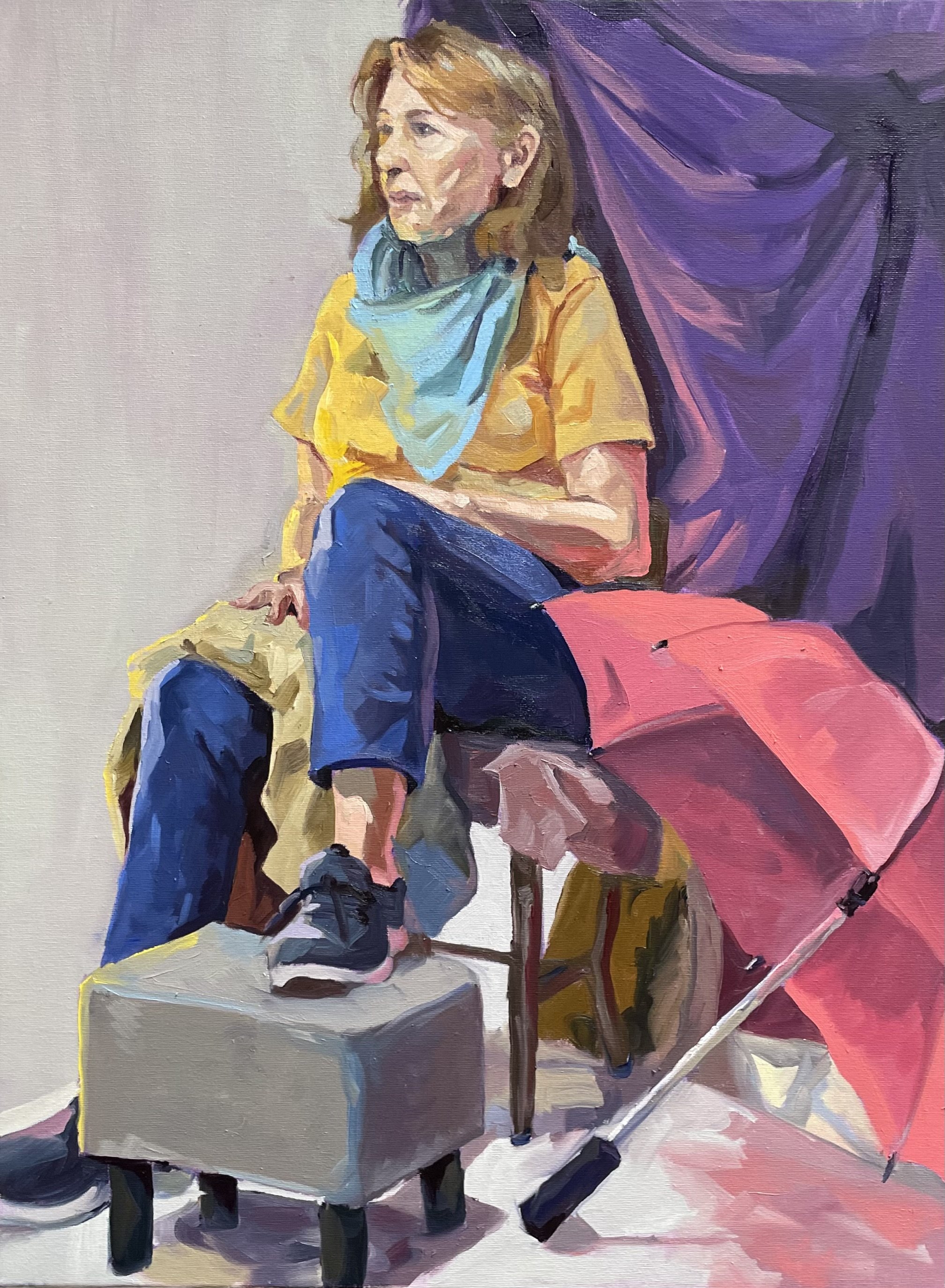 Oil painting of a woman sitting on a chair with her leg raised, with a pink umbrella on the floor next to her an a purple curtain in the background. She's wearing a yellow shirt, blue pants, and has a blue-green scarf on