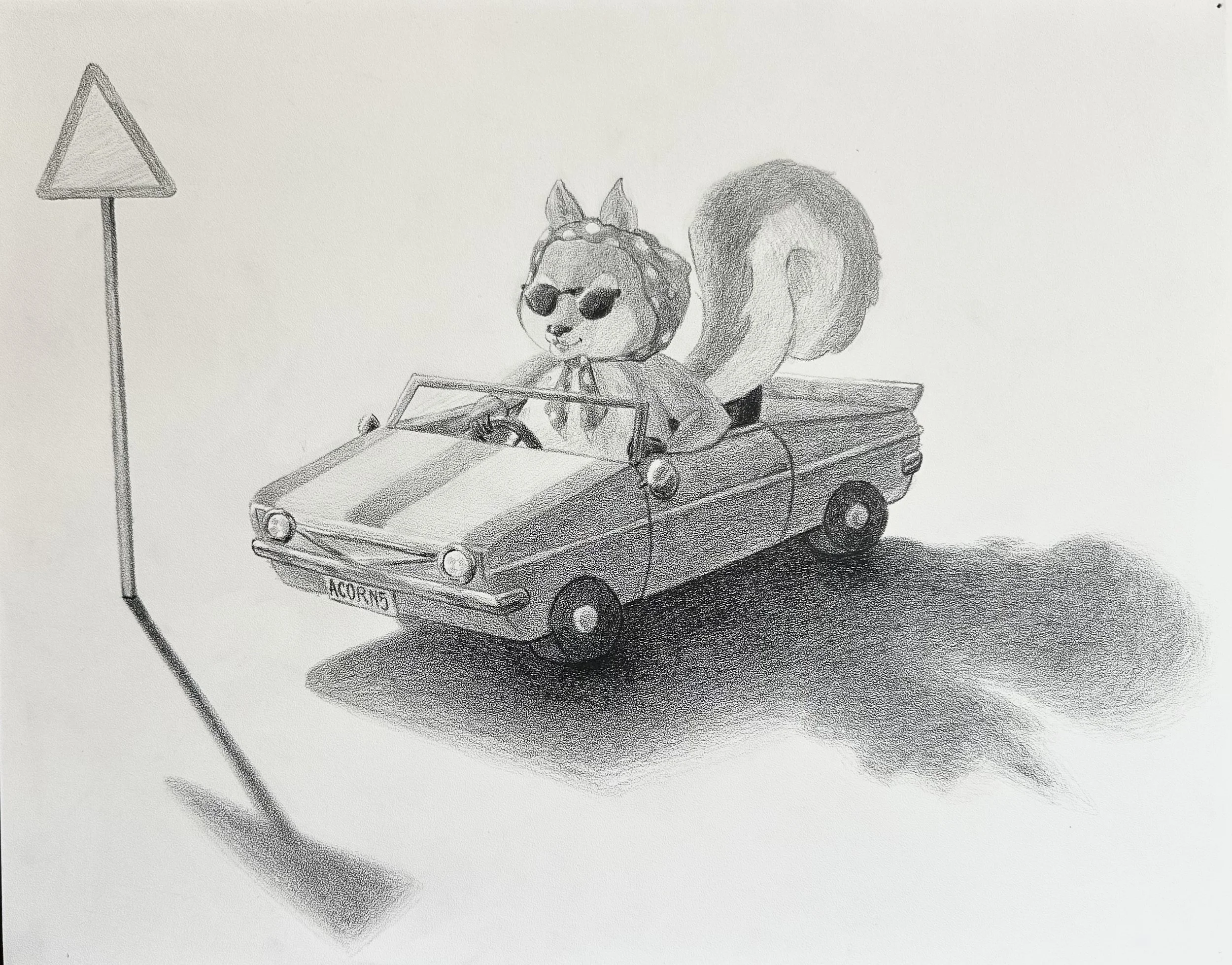 Pencil drawing of a cartoon squirrel wearing sunglasses and driving a convertible. There's a single triangular street sign on the left