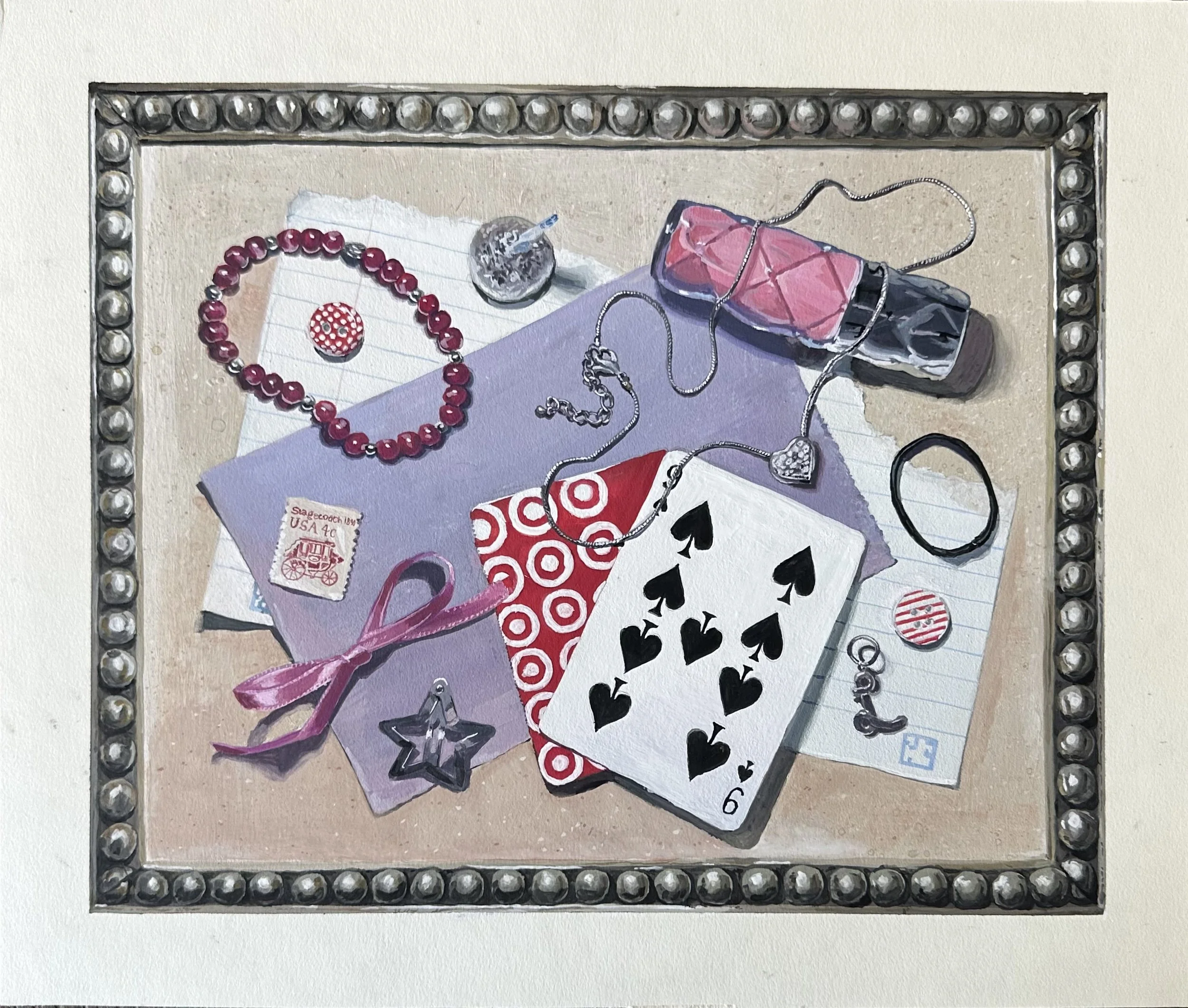 Gouache hyper-realistic still life of small objects such as jewelry, plays cards, and buttons on various papers, set within a painted frame