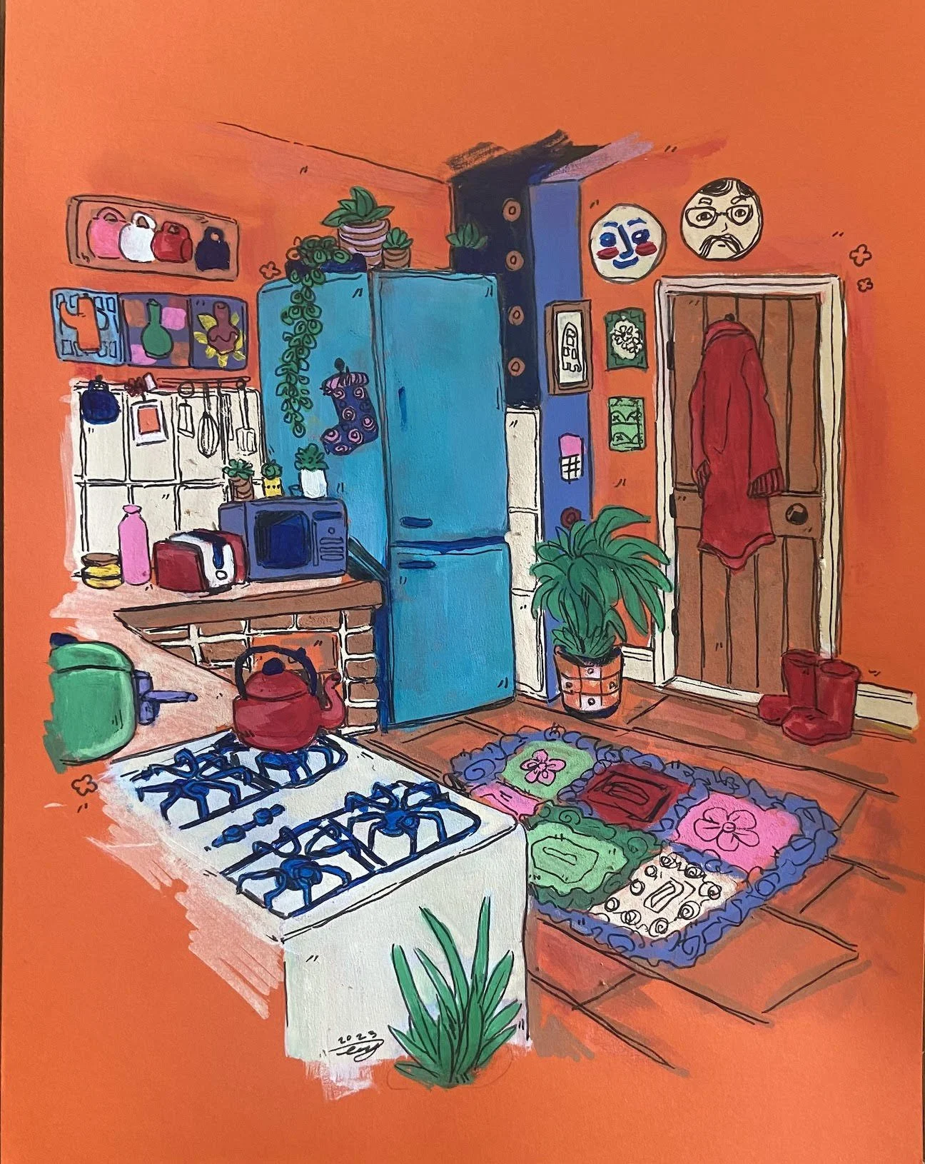 Colorful acrylic and ink illustration of a cozy kitchen. The kitchen includes a blue fridge, gas stove, multiple plants, a quilted rug, and bright orange walls.
