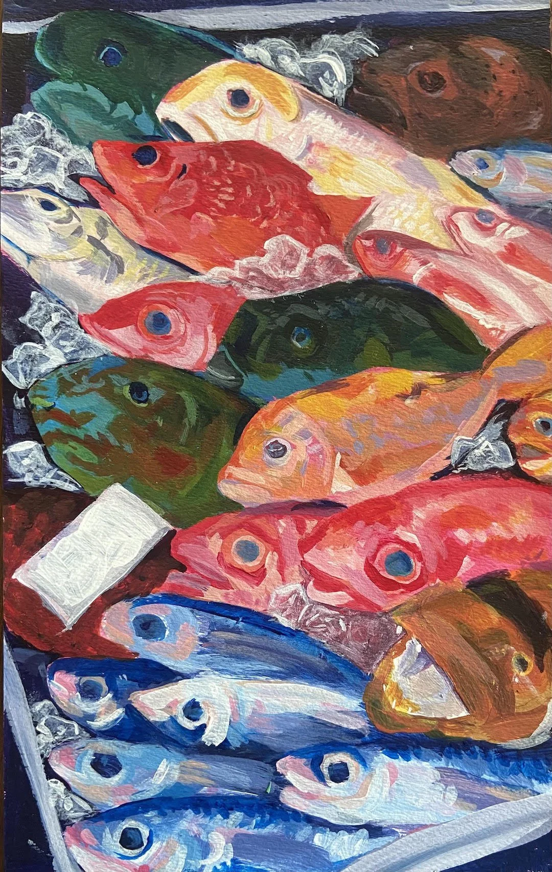 Colorful acrylic painting of various fish in a display, with some ice around them.