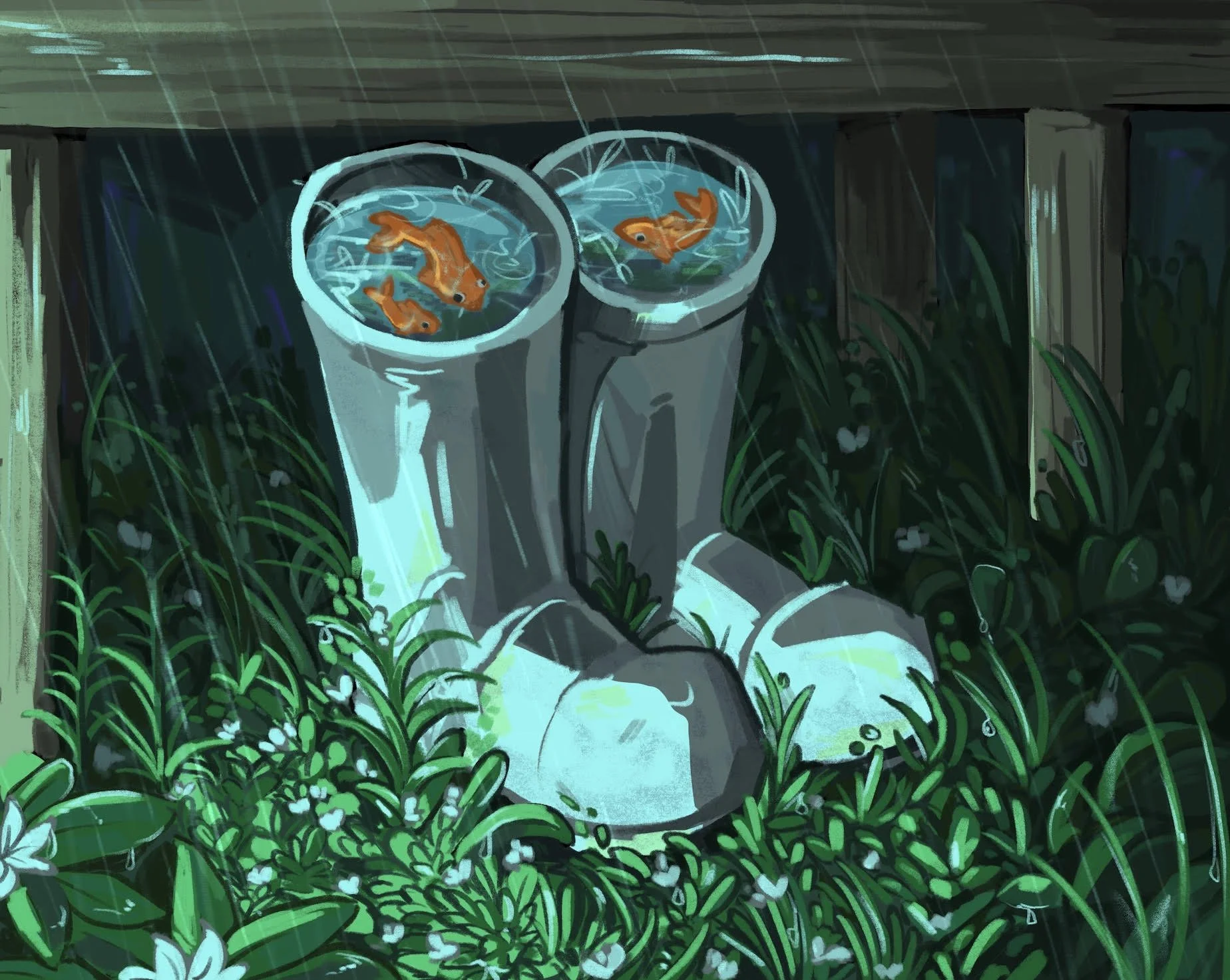 Three goldfish swim within two rainboots left outside in the rain. The boots are sitting on lush plants and little flowers.