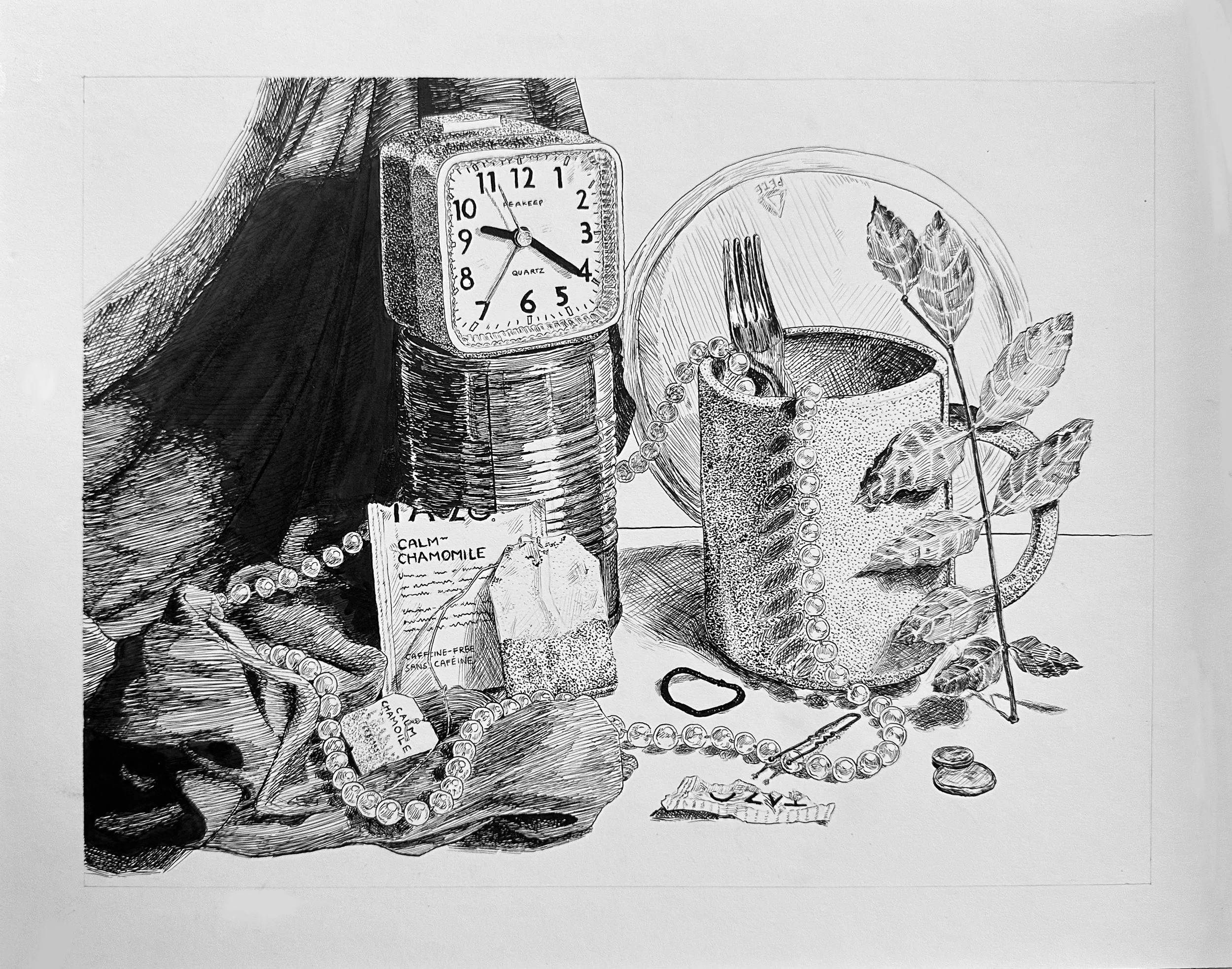 Black and white ink still life with a clock, a mug with a fork in it. There's draped fabric on the left, and a pearl necklace draped across several objects