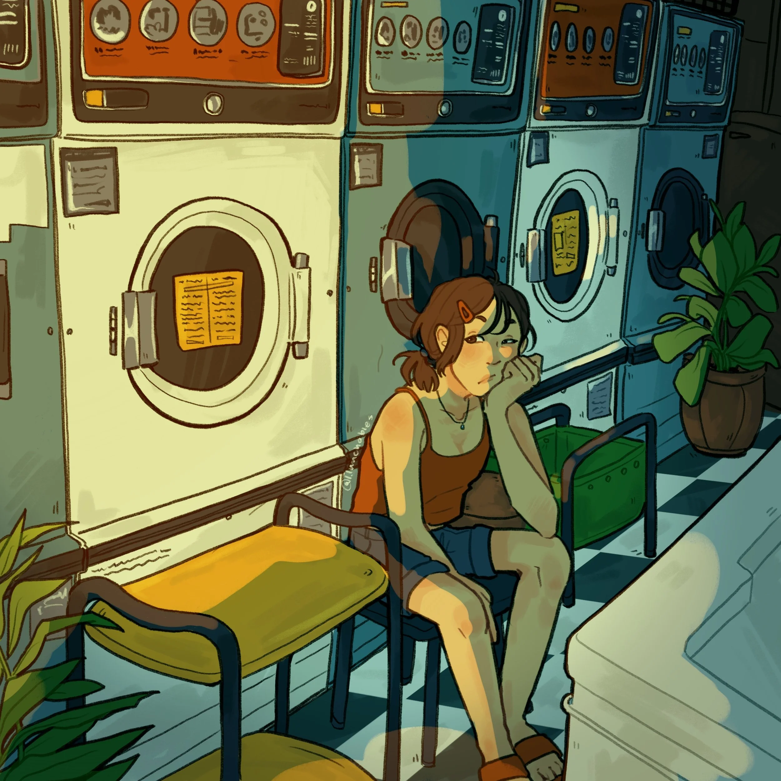 Digital illustration of a girl sitting in a chair at a laundromat, resting her head on her hand while looking bored. Behind her are washing machines and a large potted plant on the right.