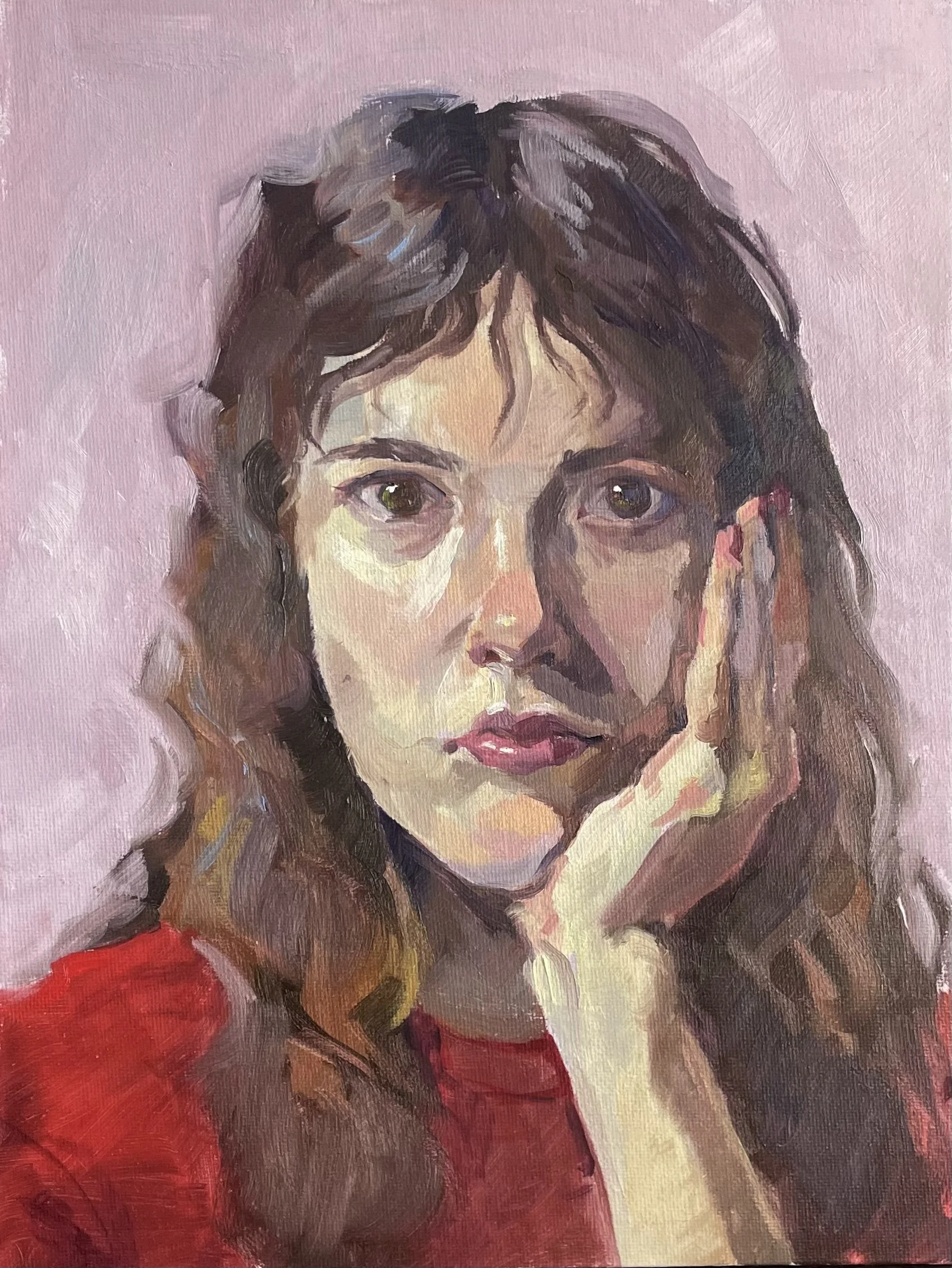 Oil self portrait of woman with wavy brown hair and a red shirt, resting her head on her hand with a pale purple background