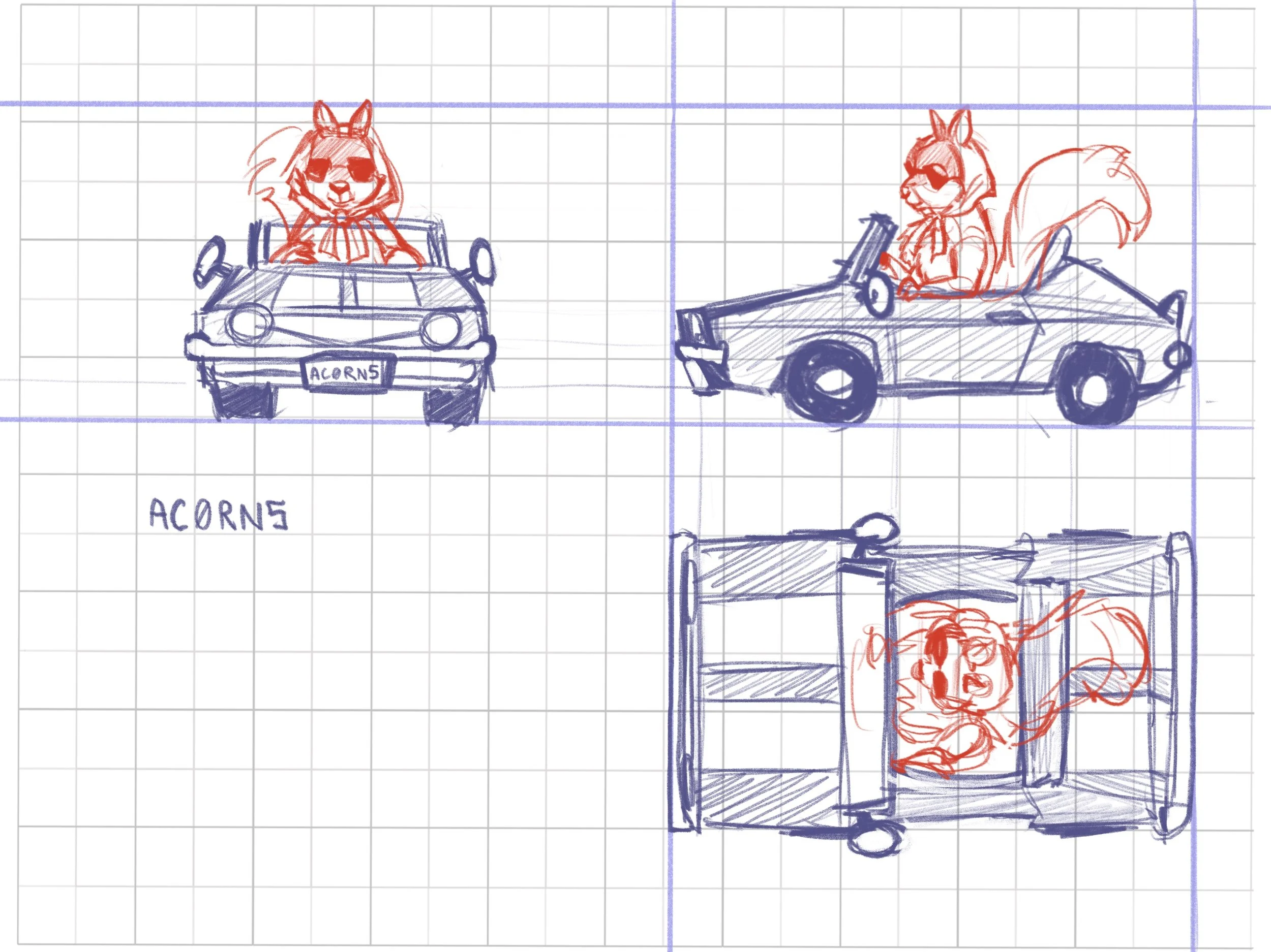Orthographic sketches of a cartoon squirrel wearing sunglasses driving a convertible. 