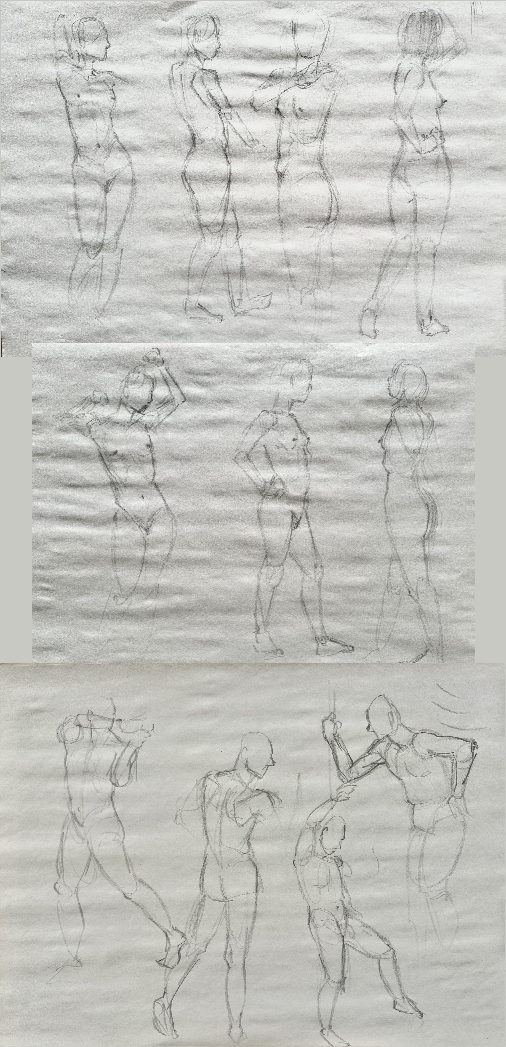 A serious of various gesture drawings in pencil. There's both male and female figures in the nude.