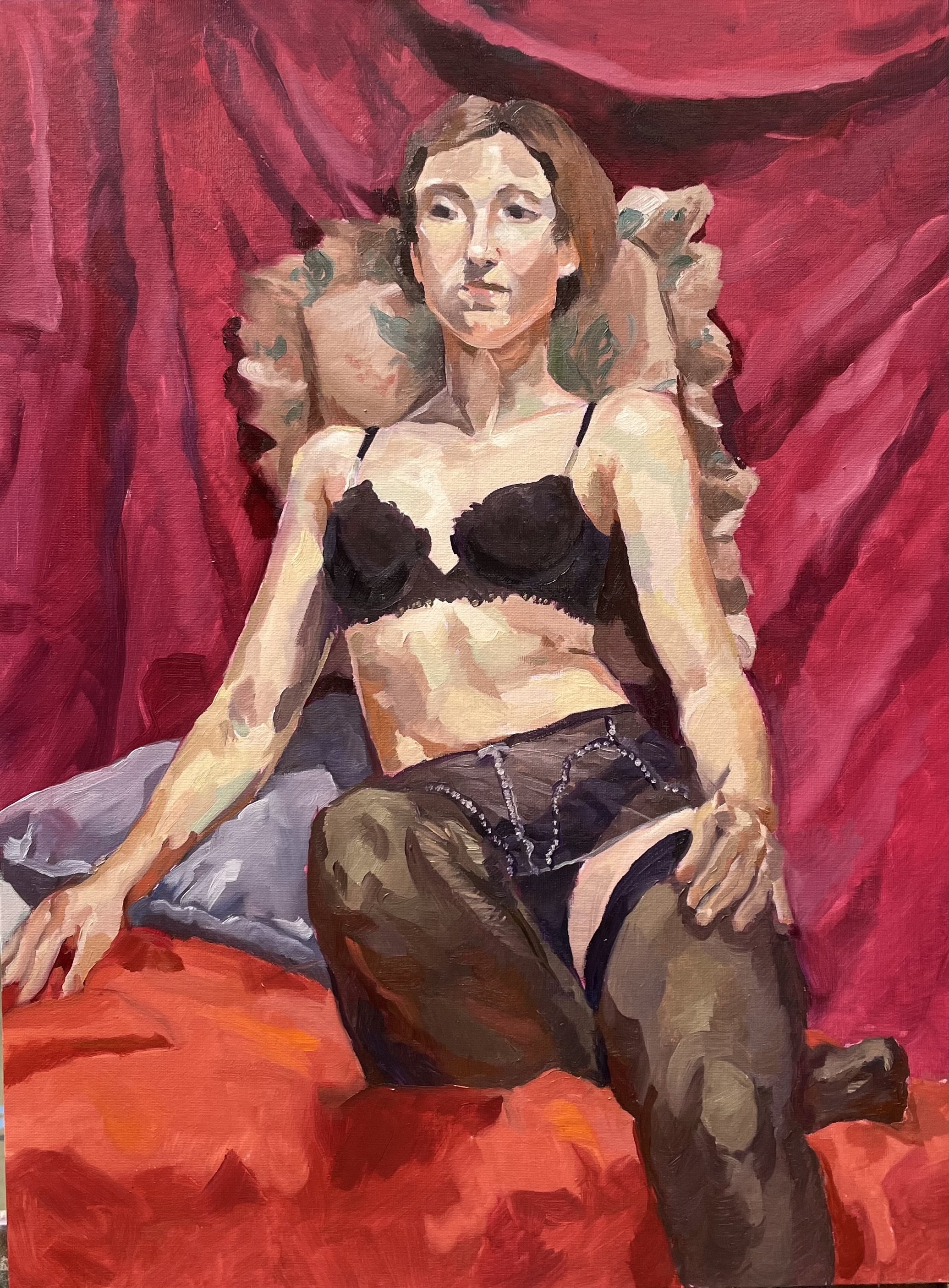 Oil painting of a woman in black lingerie and stockings, sitting on a chair draped with red fabric. She leans back on pillow, her left leg crossed underneath her right.