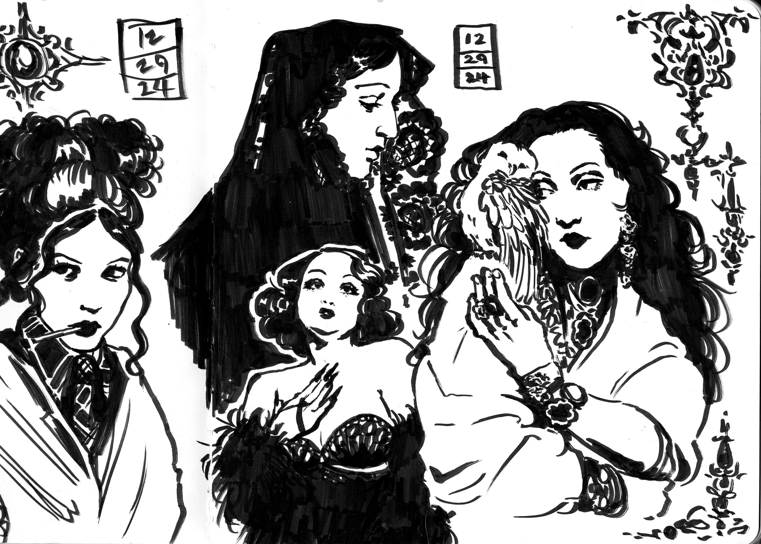 A black and white ink drawing, done with a brush pen, of four portraits of different women. There's various decorative elements of lace and jewelry throughout