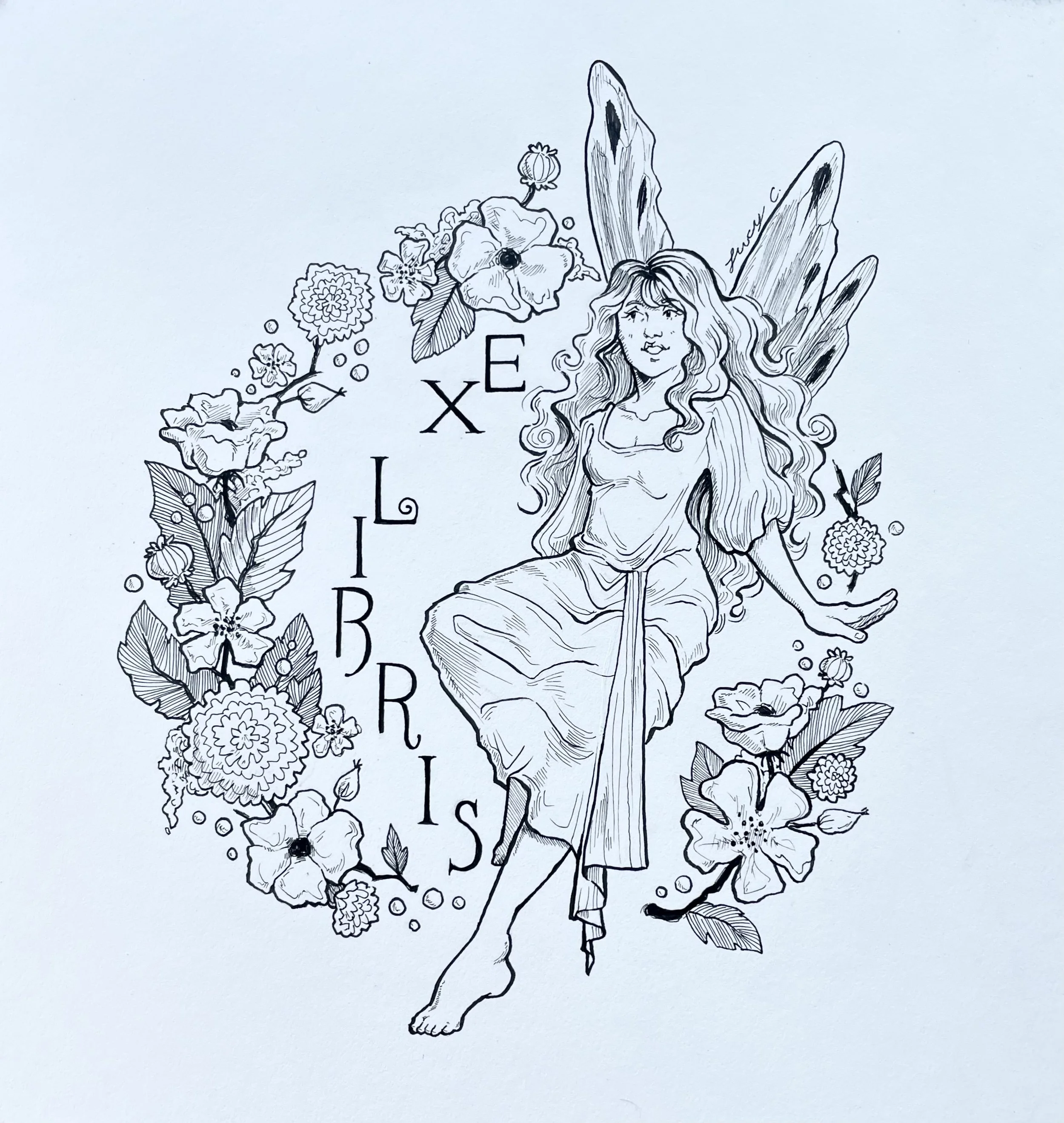 Black and white ink drawing of a fairy in a flowy dress. She's surrounded by a circle of flowers, with the text "Ex Libris"
